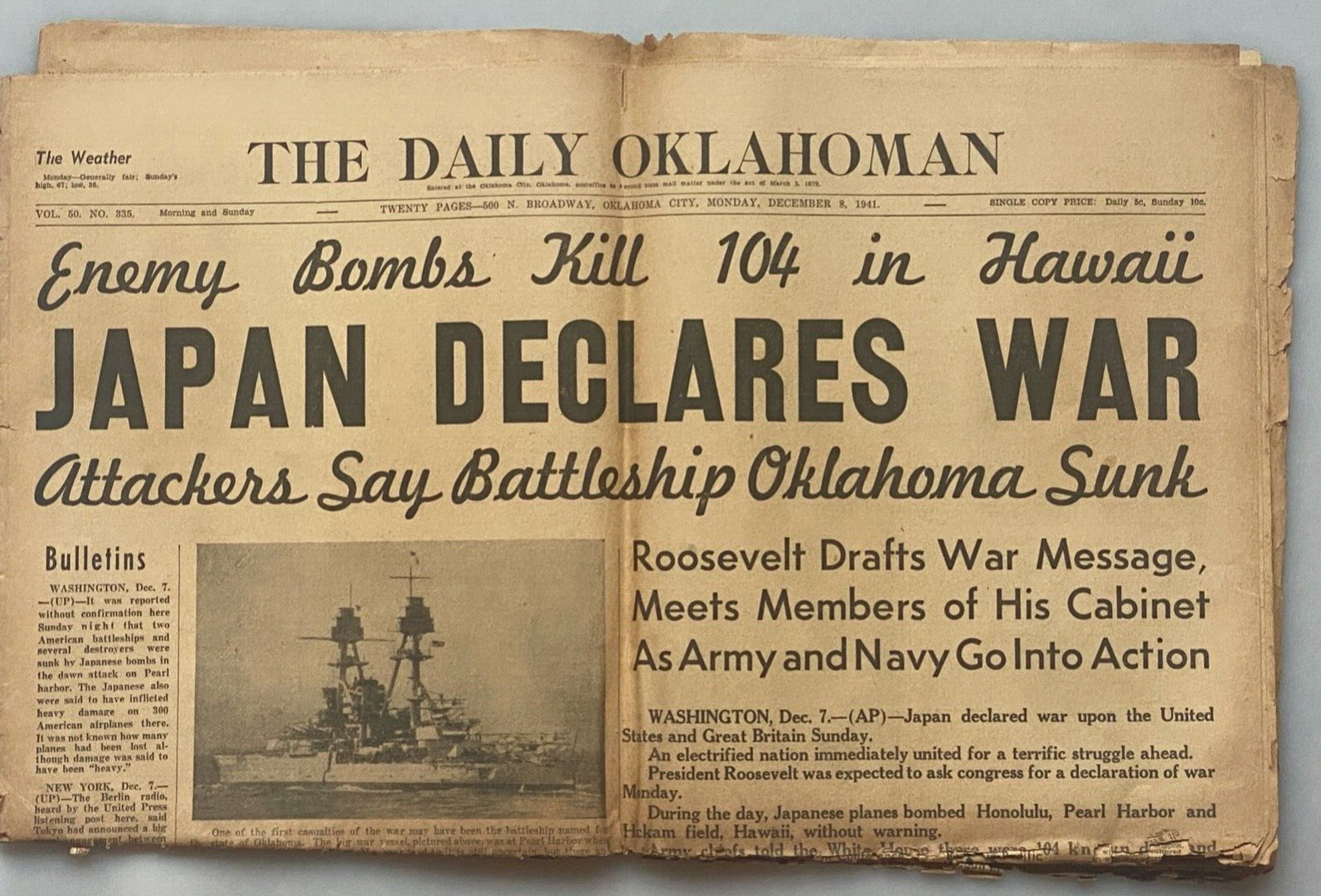 December 8, 1941 JAPAN DECLARES WAR Daily Oklahoman Newspaper Oklahoma SUNK