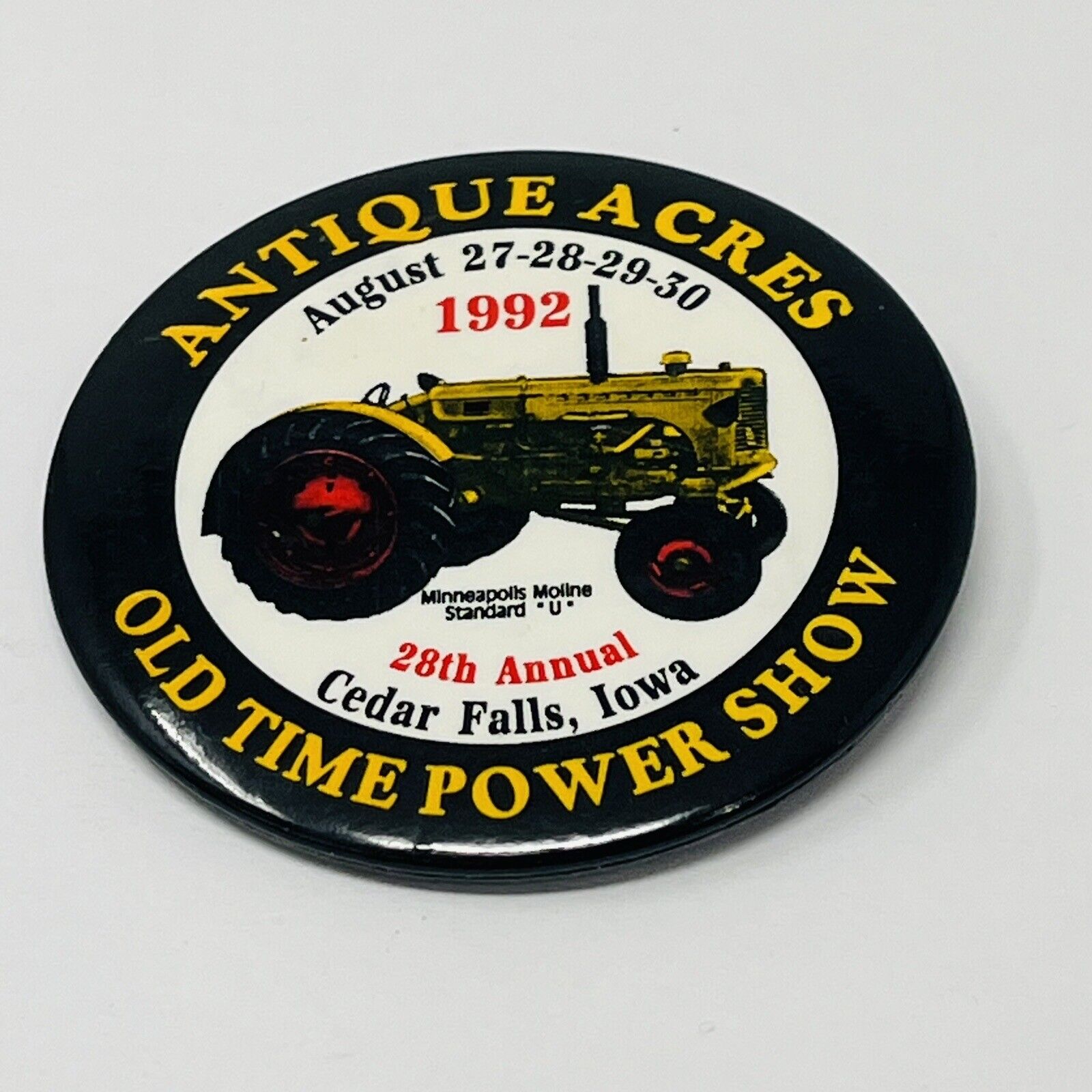1992 Antique Acres Cedar Falls IA Old Time Power Show Button Pin Standard U