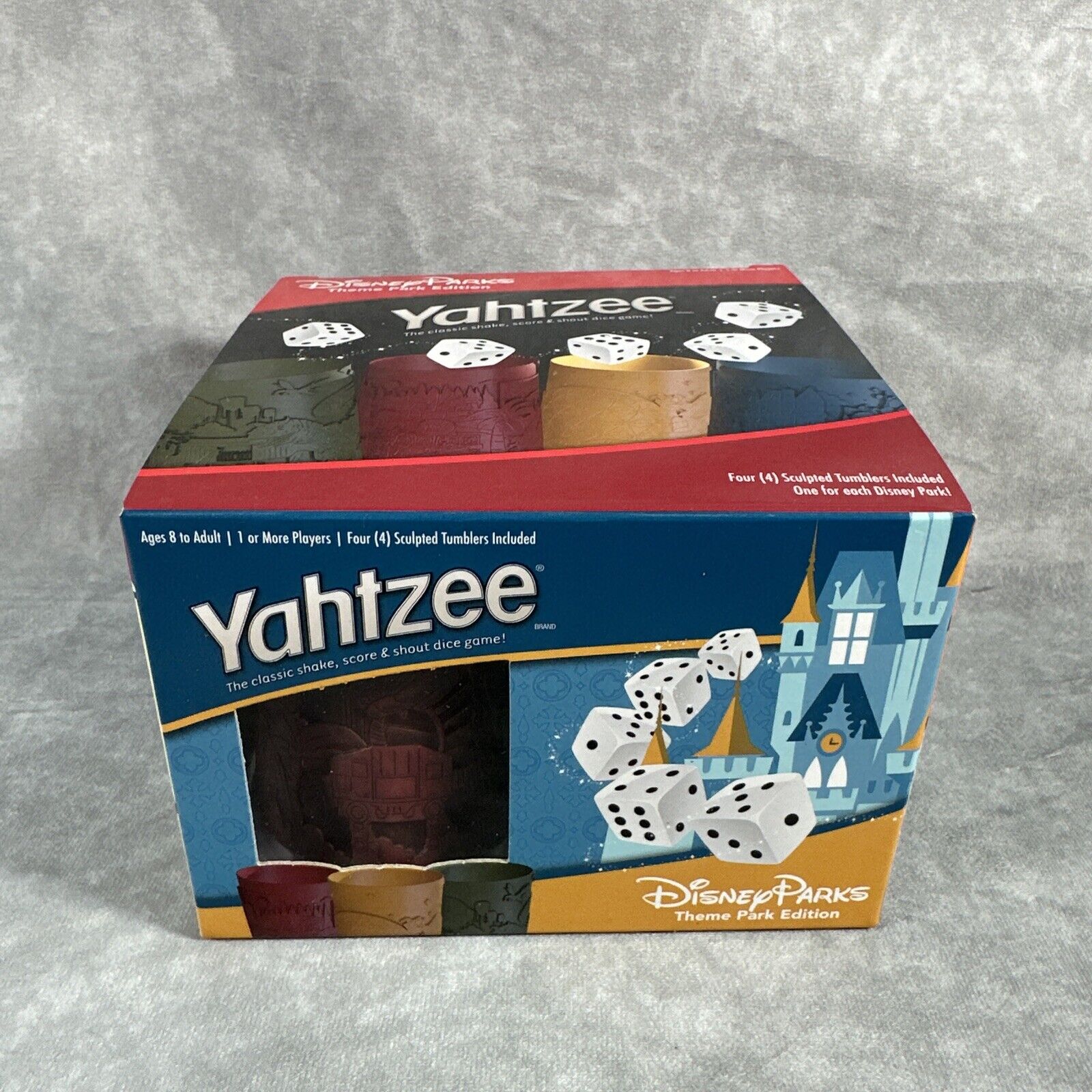 Disney Theme Parks Edition YAHTZEE Dice Game 4 Sculpted Tumblers Complete In Box