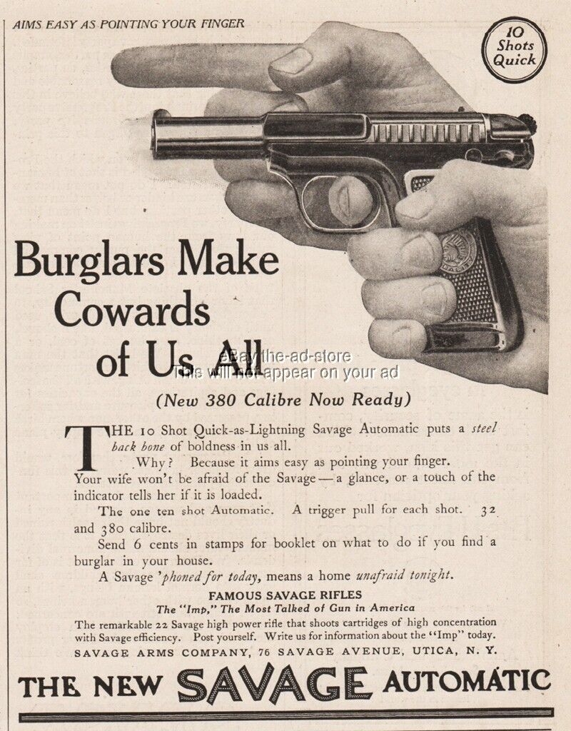 1913 Savage Automatic Pistol Utica NY 10 Shots Quick Burglars Make Cowards Ad