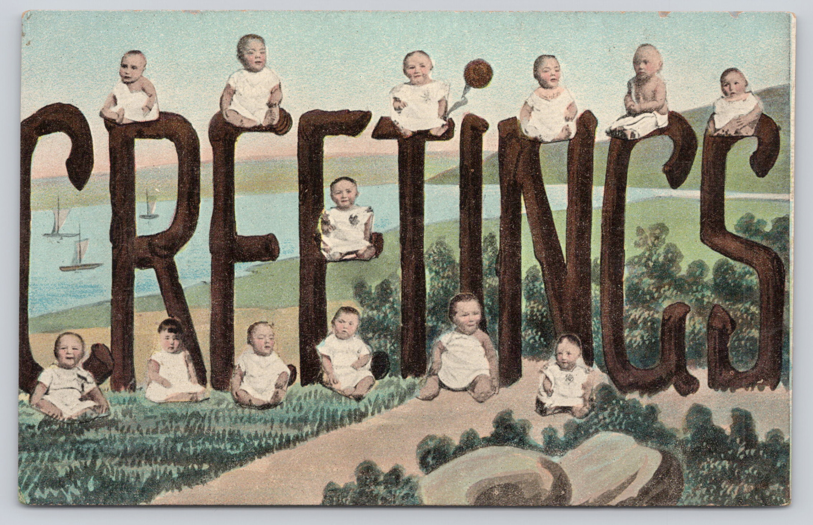 Odd Multiple Baby Greetings at Harbor c1910 Postcard #1086 Theodor Eismann Ships