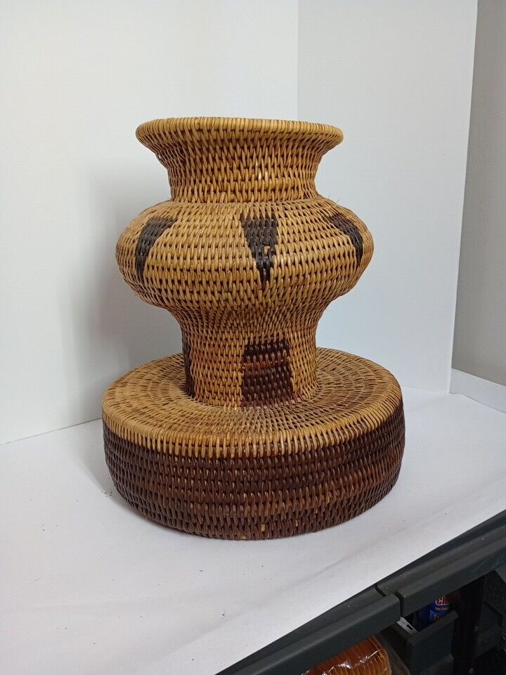  Large Hand Woven Basket Rattan Container African? Tribal? Japanese?