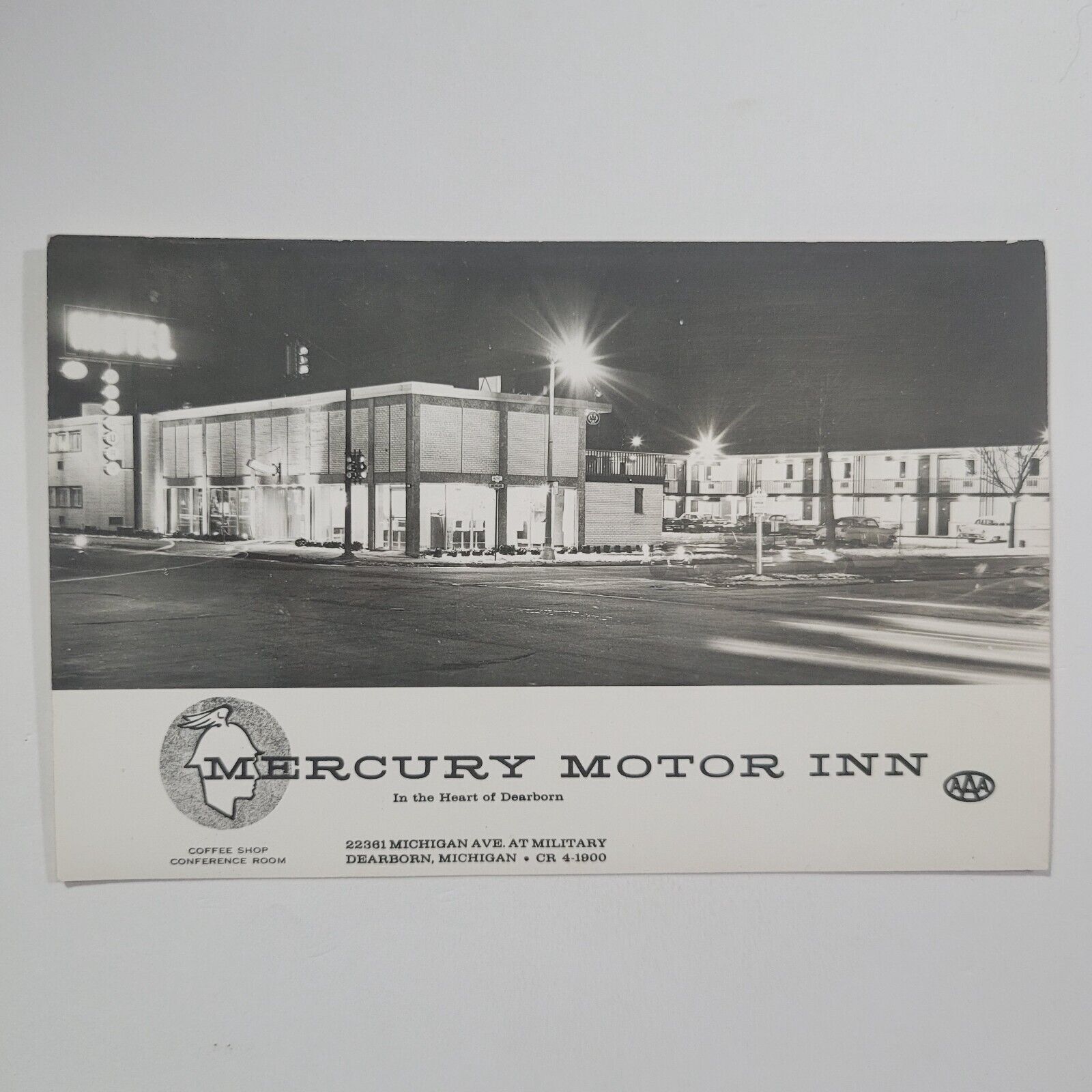RPPC Mercury Motor Inn Dearborn Michigan Vintage Real Photo Postcard Night Scene