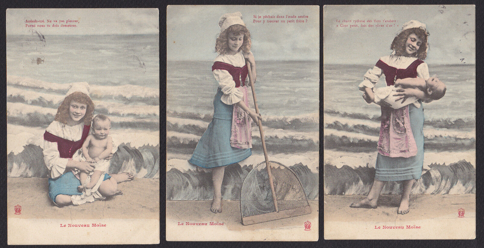 3-French-Girl-Baby-Seashore-Le Nouveau Moise-The New Moses-Antique Postcard Lot