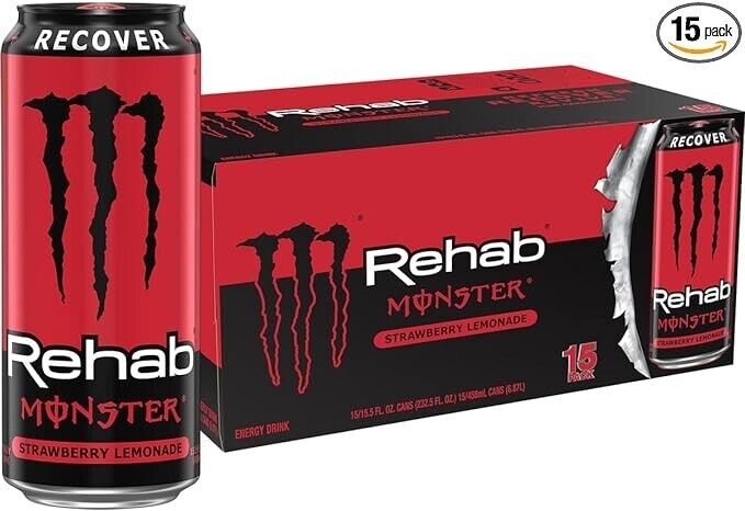 (15 Pack) Monster Rehab Recover Strawberry + Lemonade + Energy Drink, 15.5 Fl Oz