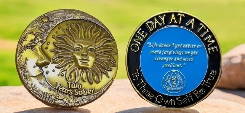 🔥2 Year Sobriety Gifts, Living Sober Gold Chip Coin Two Year AA Medallion Token