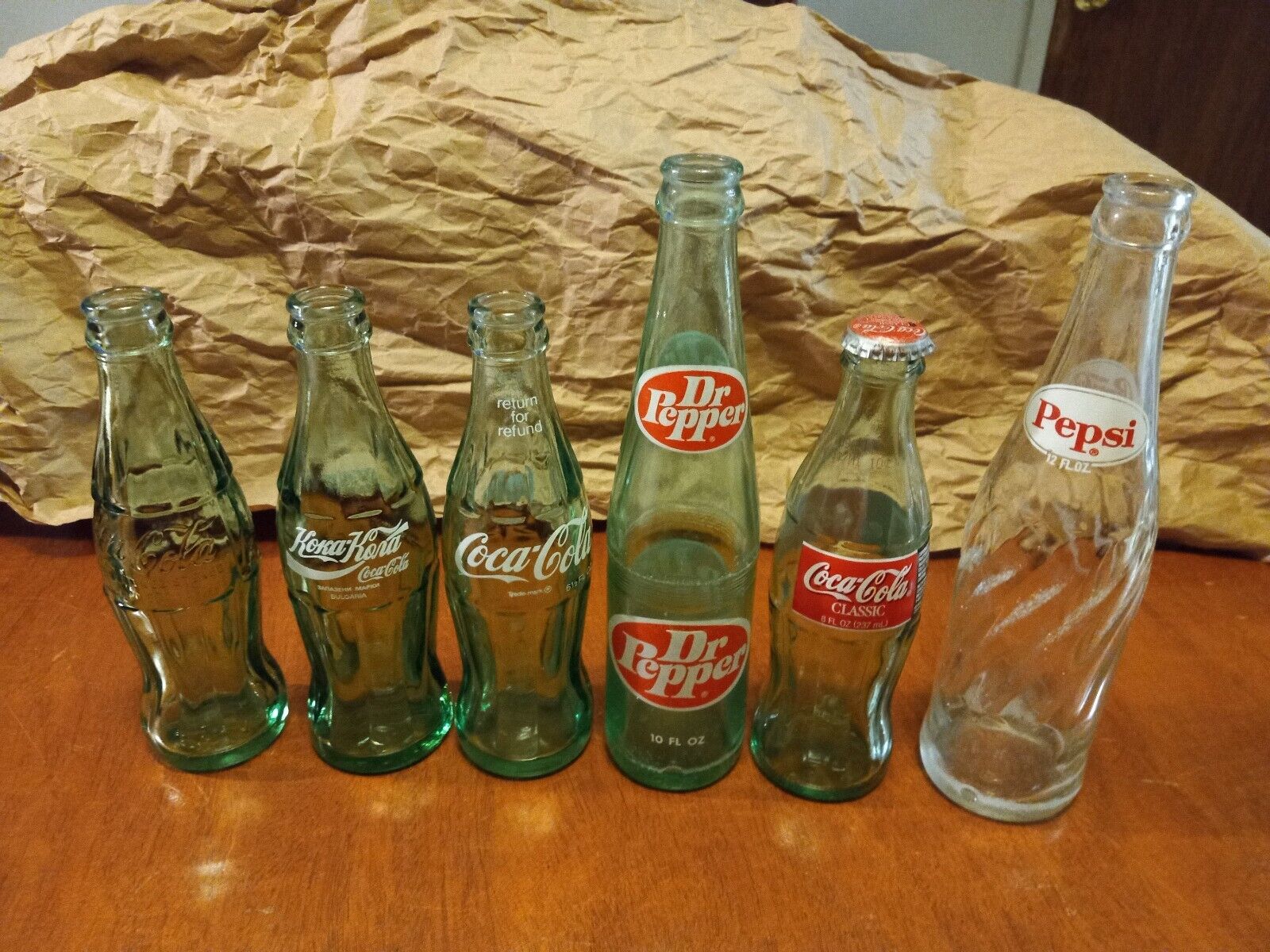 Vintage glass bottle LOT 6.5-12 oz red & white Pepsi Coke Dr. Pepper swirled 