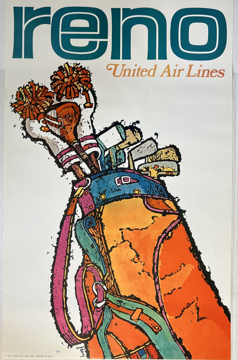 Vintage Reno 1969 United Airlines Promotional Travel Poster - New -