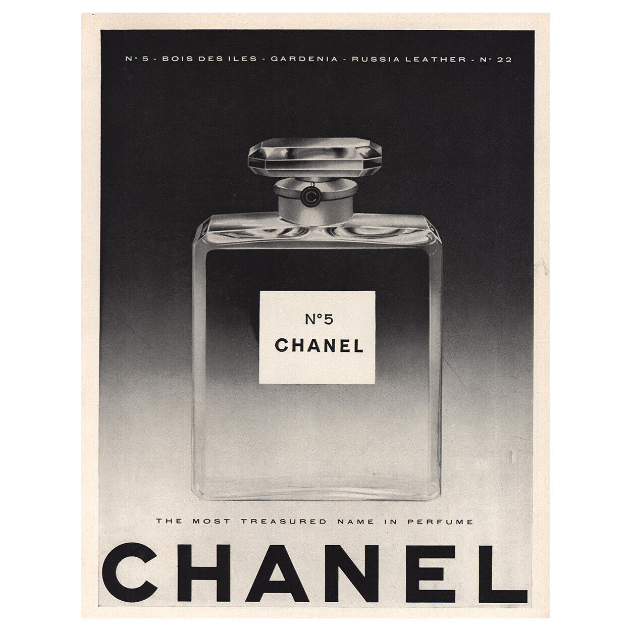 1960 Chanel No 5: Bois Des Iles Gardenia Russia Leather Vintage Print Ad