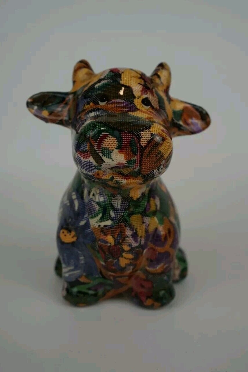 Vintage Country Cow Figurine Decoupage Multicolored Floral Patchwork Cow