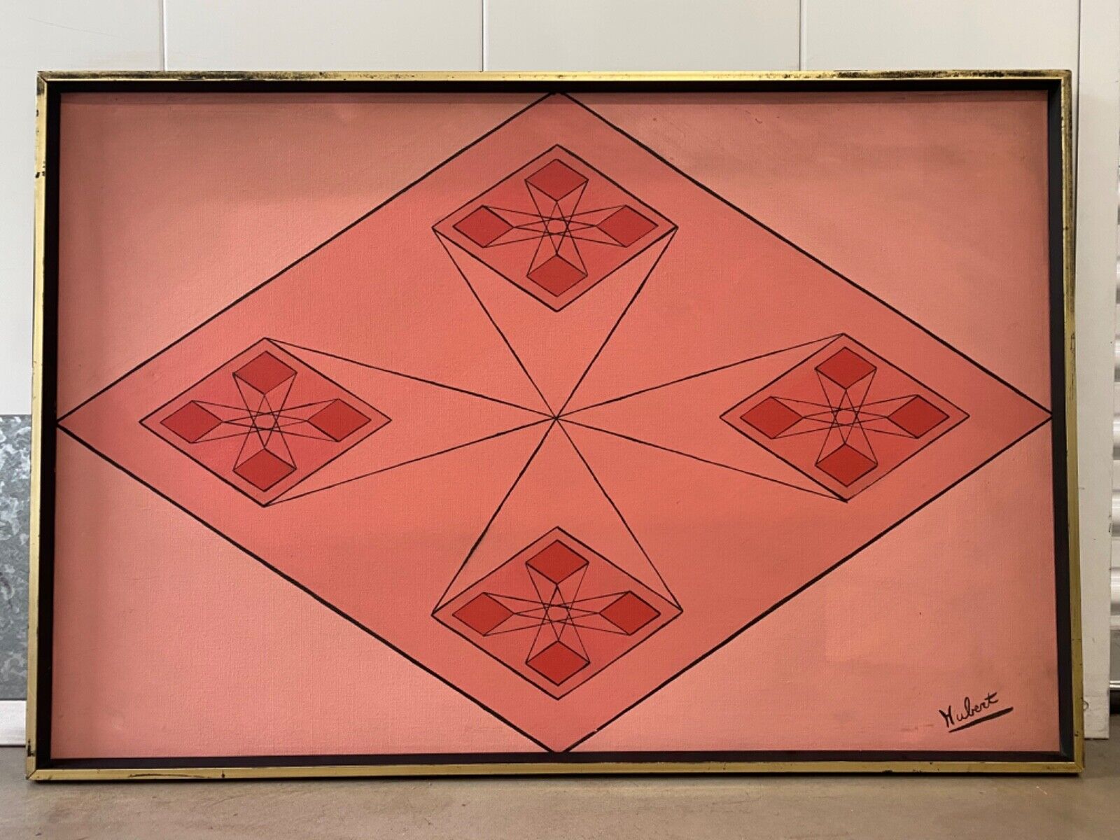 🔥 Vintage Old Modern Geometric Hard Edge Abstract Oil Painting, Hubert 1971