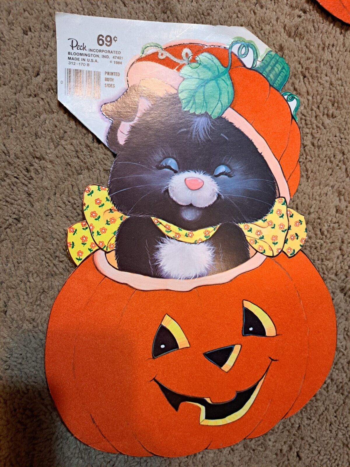 Vintage 80s Halloween Diecut Jack-O-Lantern Pumpkin Black Cat Kitten Peck 1984