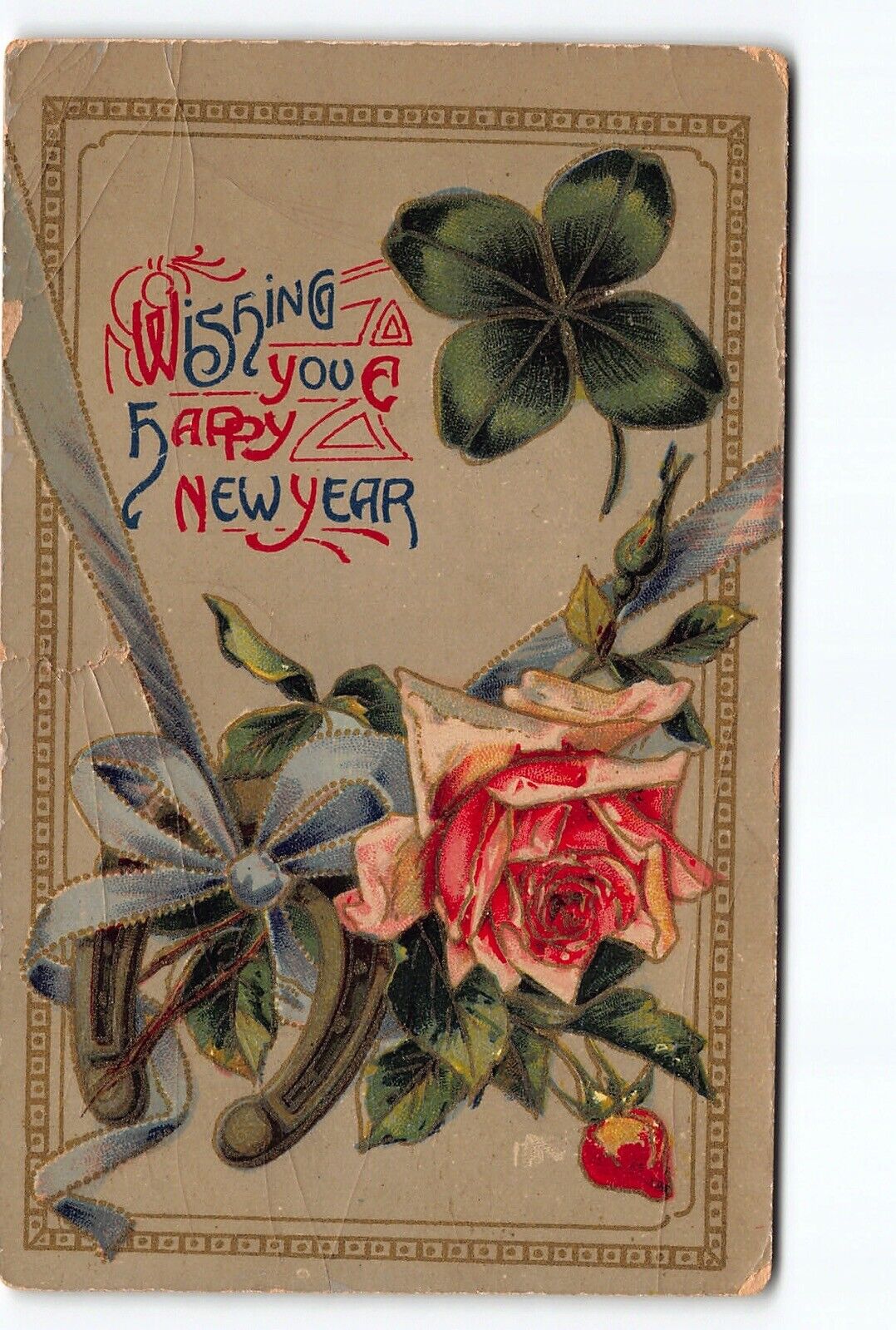 Wishing You Happy New Year DB Postcard Vtg Posted 1912 Rose Four Leaf Clover