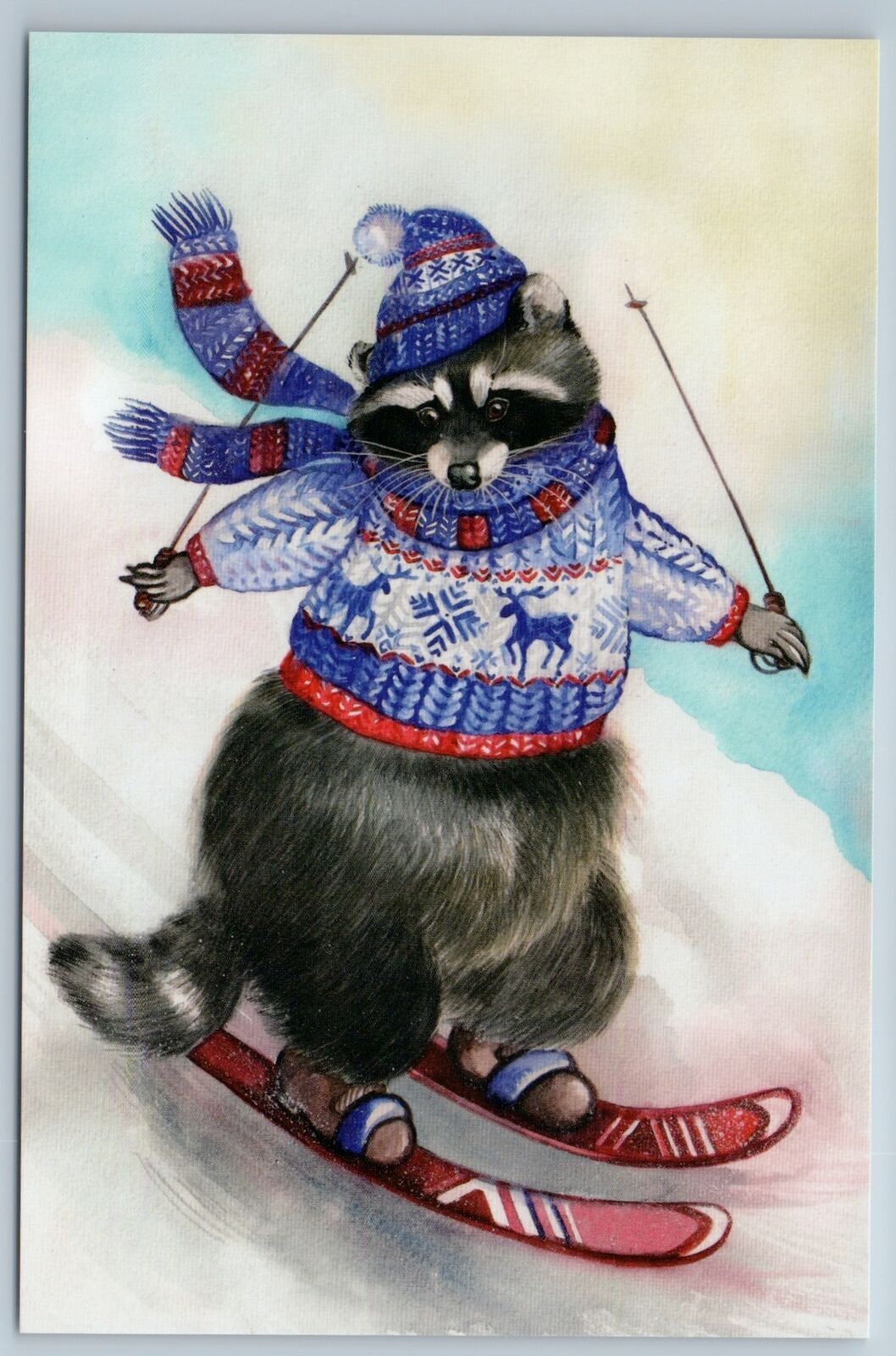 FUNNY RACCOON goes downhill skiing Ski Snow Winter Sweater Russian New Postcard