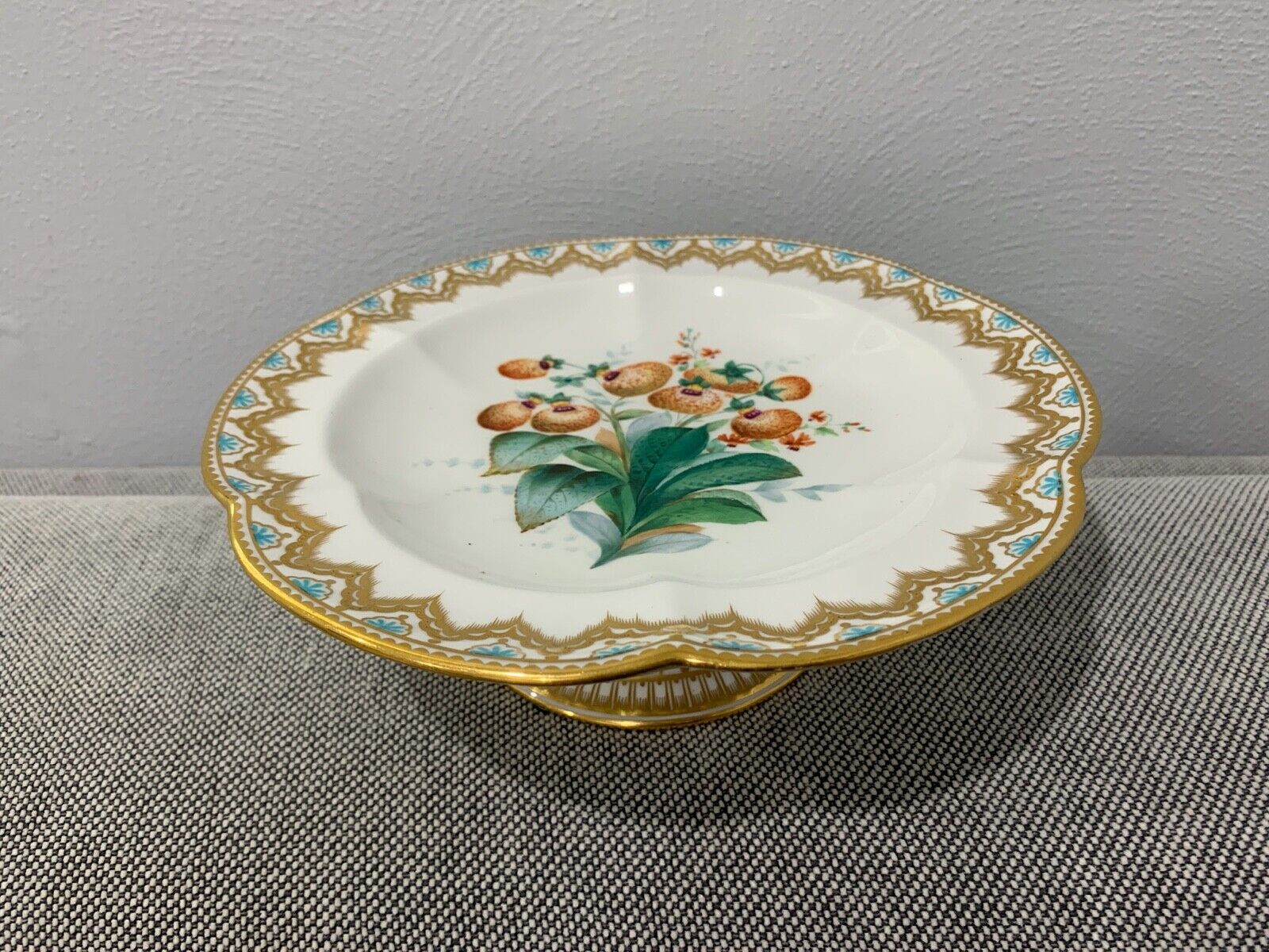 Antique English Porcelain Compote Blue Gold & Painted Flowers Decoration