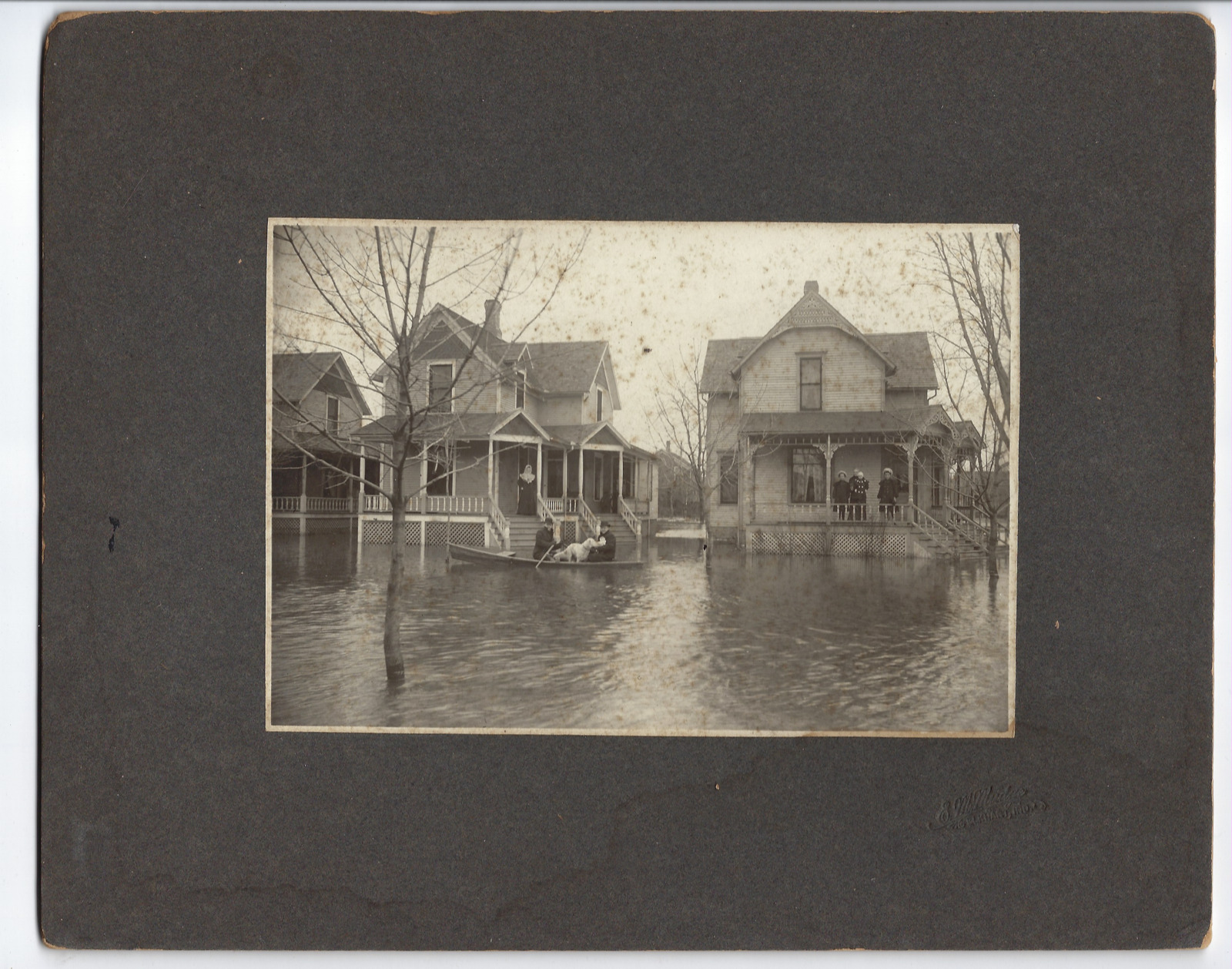 Elkhart Indiana 1908 Flood Damage House Family in Boat Board Mounted Photo IN CC