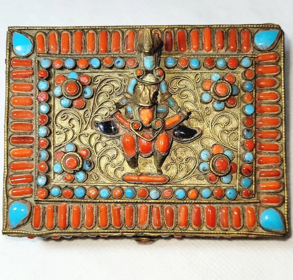 Antique Tibetan/Nepalese Brass Cloisonne/Box Turquoise Coral Inly/Vishnu Figure