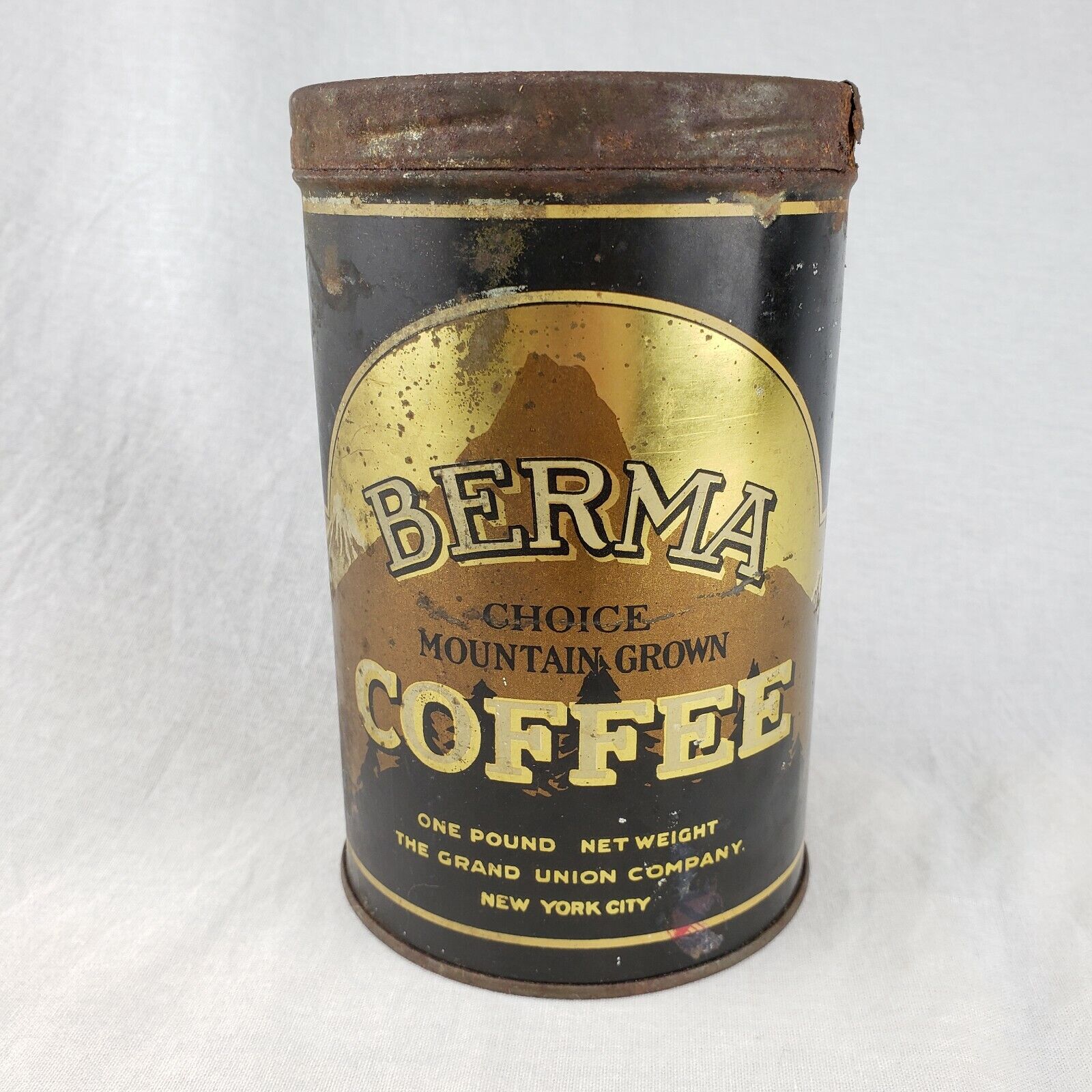 Vintage Berma Coffee Can Mountain Grand Union Tin Country Store Advertising Sign