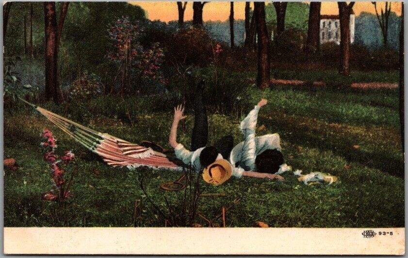 c1910s Romance Comic Greetings Postcard Boy & Girl Kissing / Upset Hammock