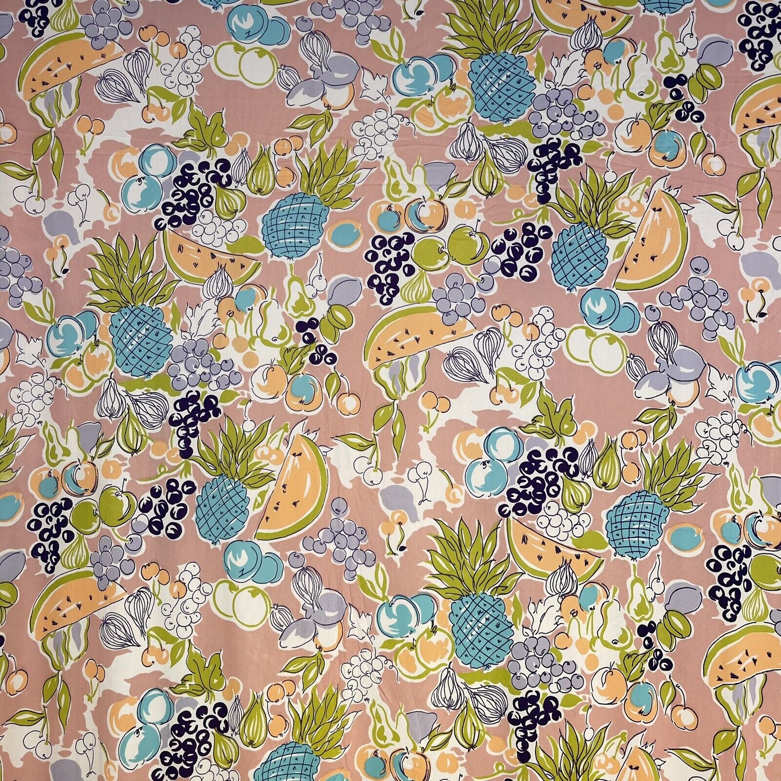 Vtg 70s Retro Fabric Abstract Fruit Semi Sheer Polyester Screenprint 106\