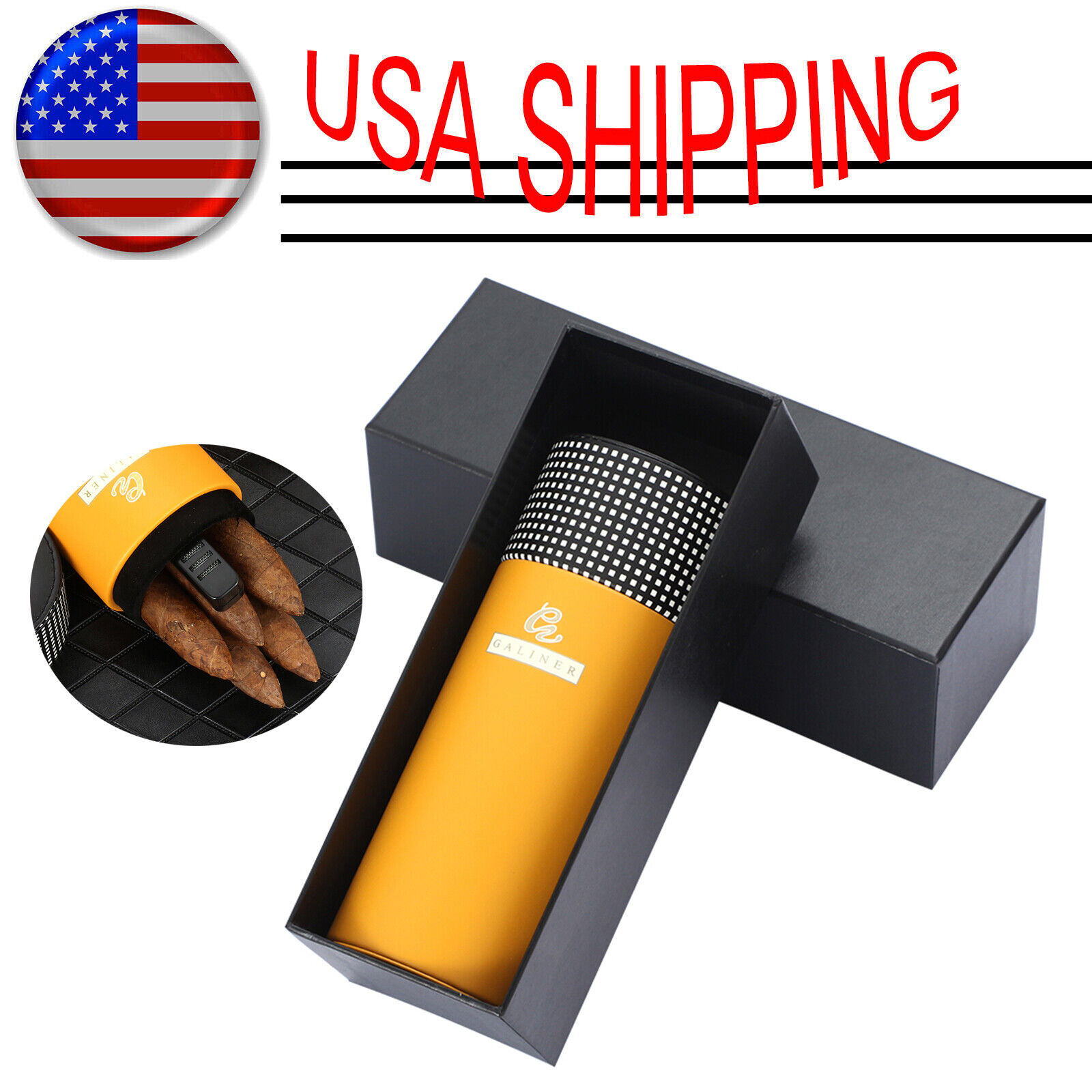 Galiner Yellow Cigar Case Cigar Tube Travel Humidor Box 4-6 Cigar Humidifier