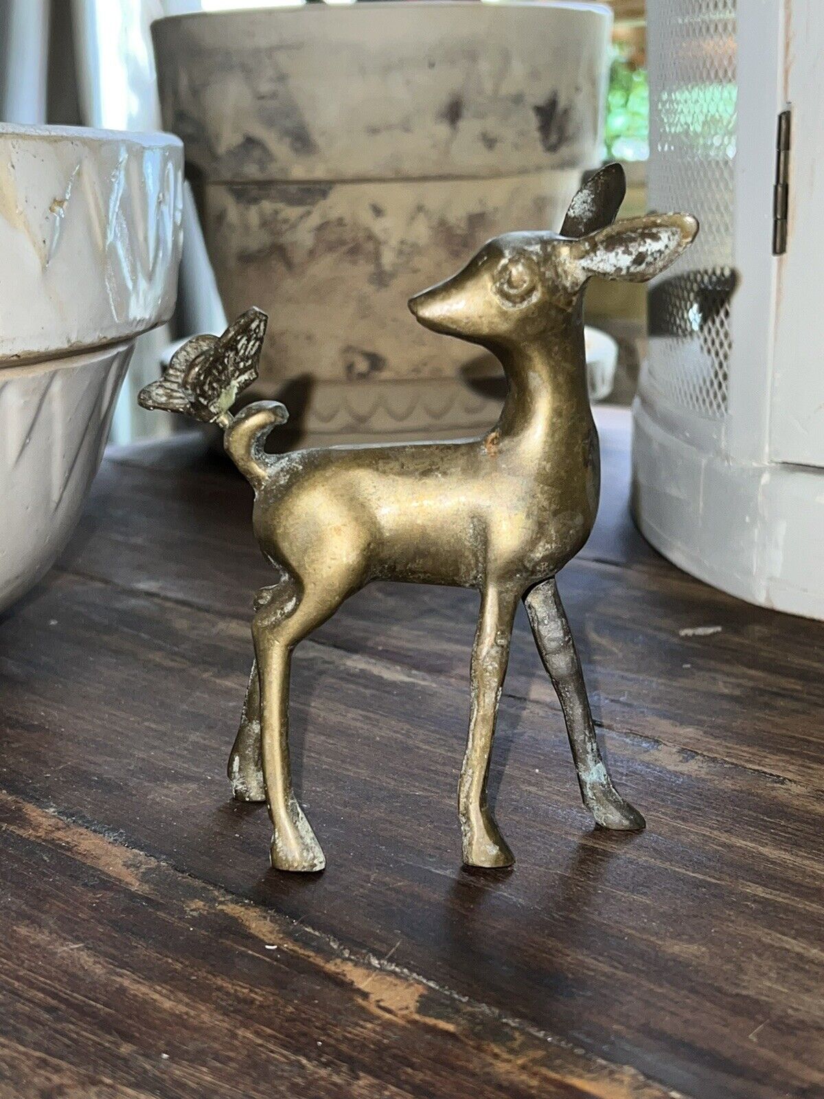 Adorable vintage BRASS Standing BAMBI w BUTTERFLY Figure Deer
