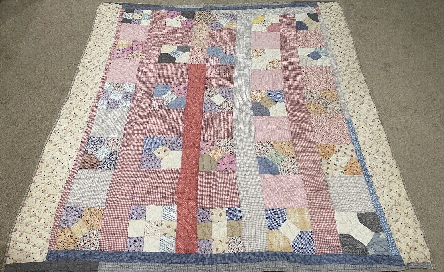 Vintage Late 20’s Quilt - Patchwork - Feed Sack Backing - Hand Quilted 68” x 74”