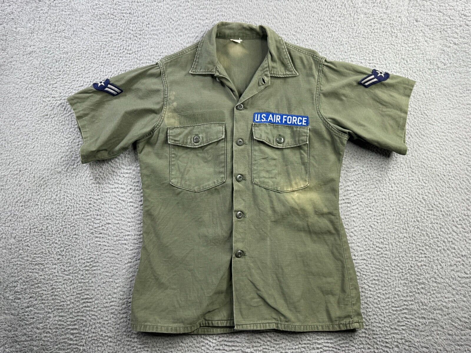 Vintage Military Shirt Mens 15.5 x 35 Green OG 107 Sateen 70s Vietnam USAF