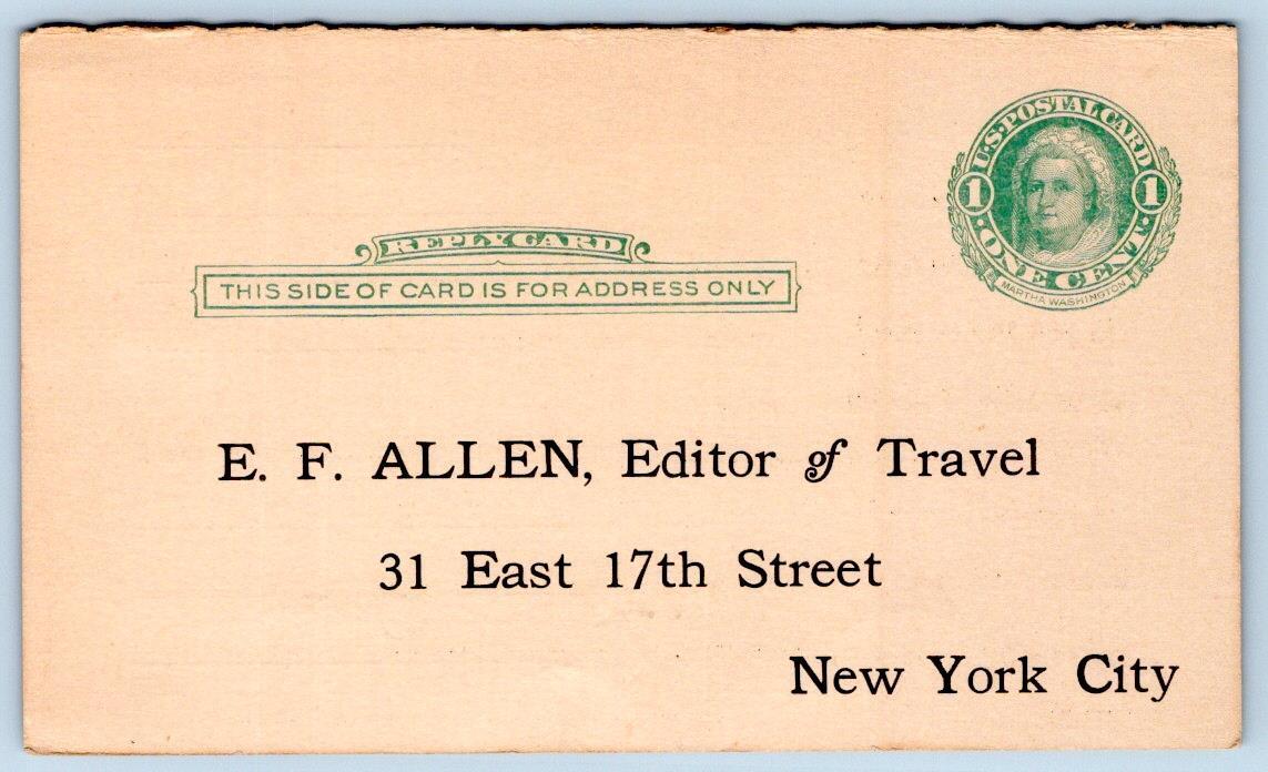 1910-20\'s EDITOR OF TRAVEL NYC E. F. ALLEN POLL SURVEY ANTIQUE PARTIAL POSTCARD