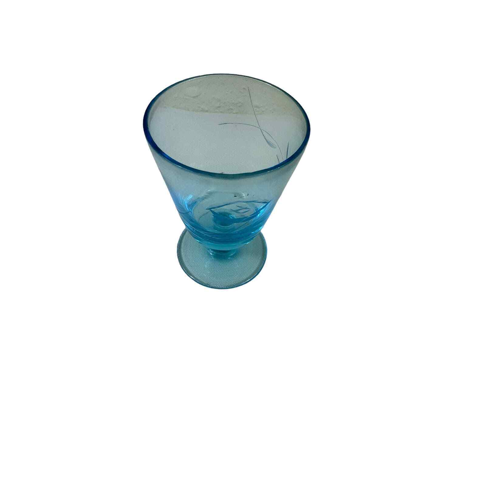 Vintage Clear Blue Glass Etched Engraved Stemmed Shot Glass