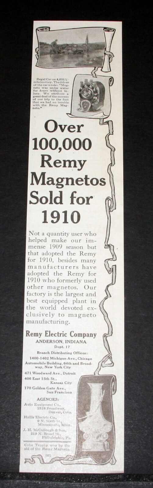 1910 OLD MAGAZINE PRINT AD, REMY ELECTRIC, OVER 100,000 MAGNETOS SOLD IN 1910