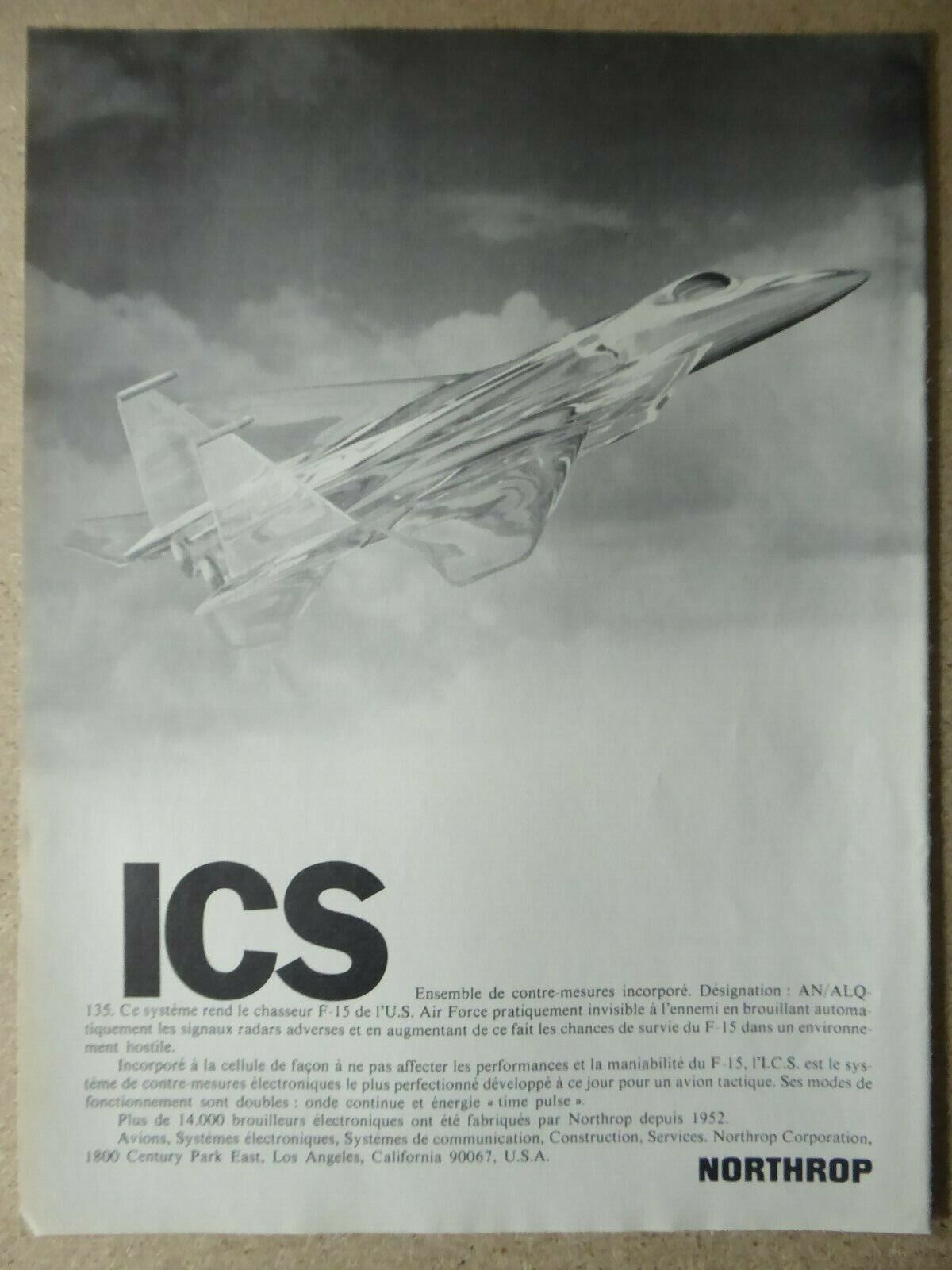 9/1976 PUB NORTHROP ICS INTERNAL COUNTERMEASURES SET AN/ALQ-135 F-15 FRENCH AD