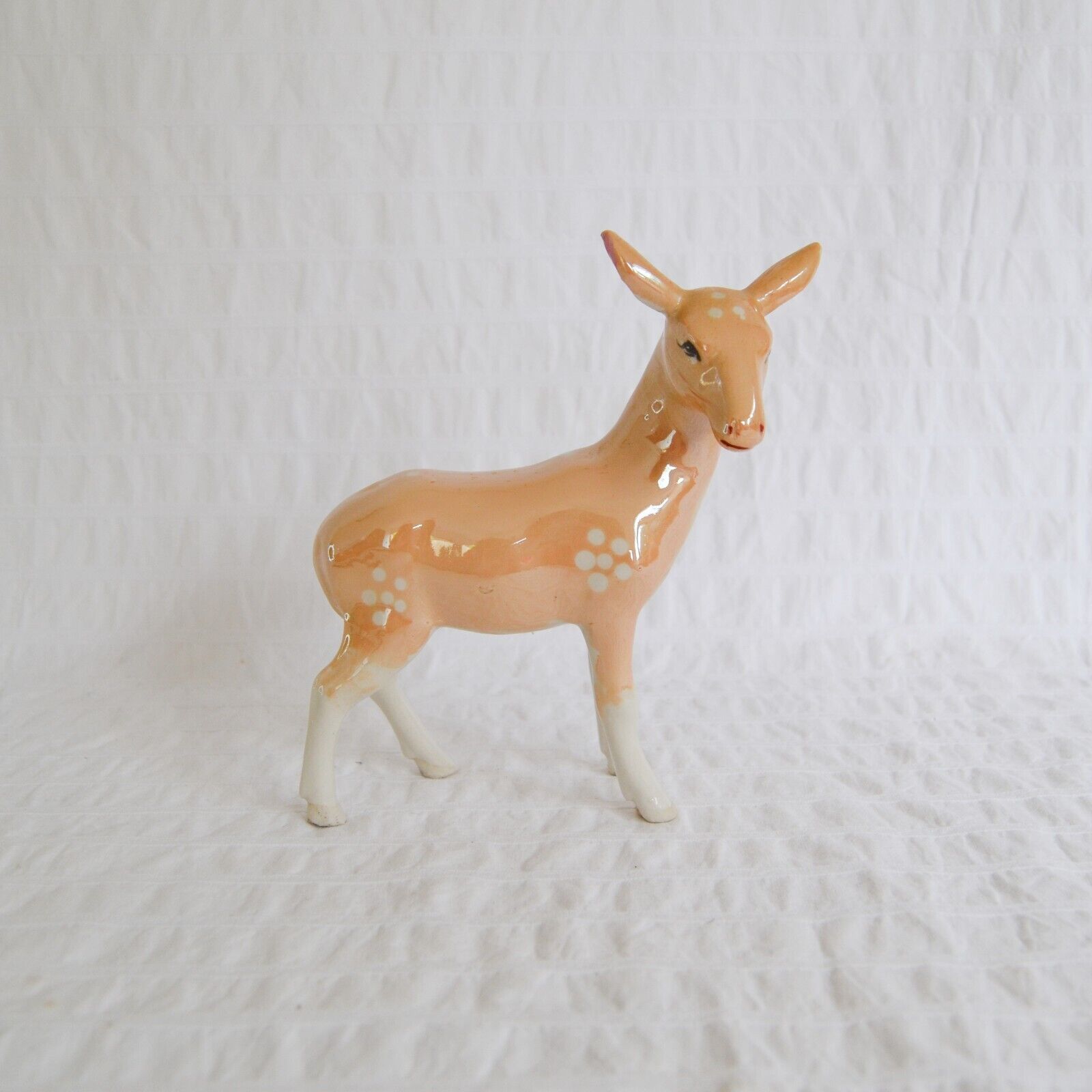 Vintage Ceramic Deer Figurine, Standing Doe Pastel Opalescent Glaze 12cm
