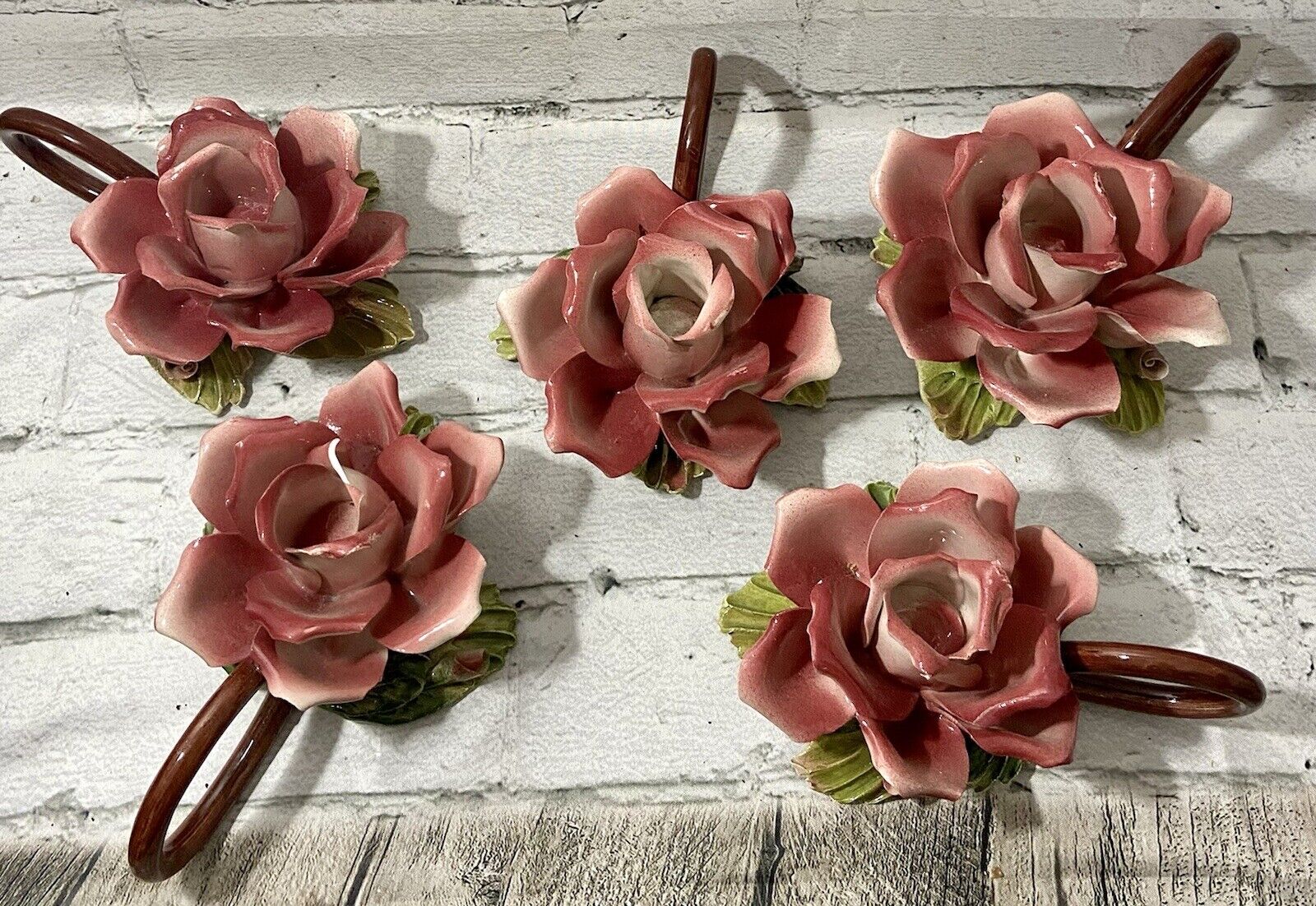5 VTG Capodimonte Italy Porcelain Rose Candleholders Small Chips on Few Petals