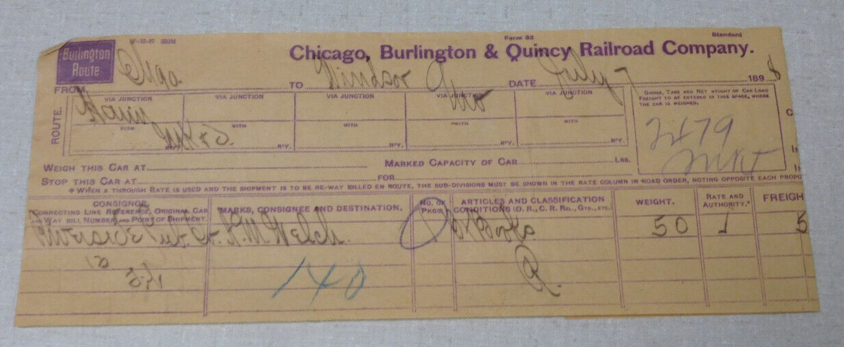 1898 Chicago Burlington and Quincy railroad way bill