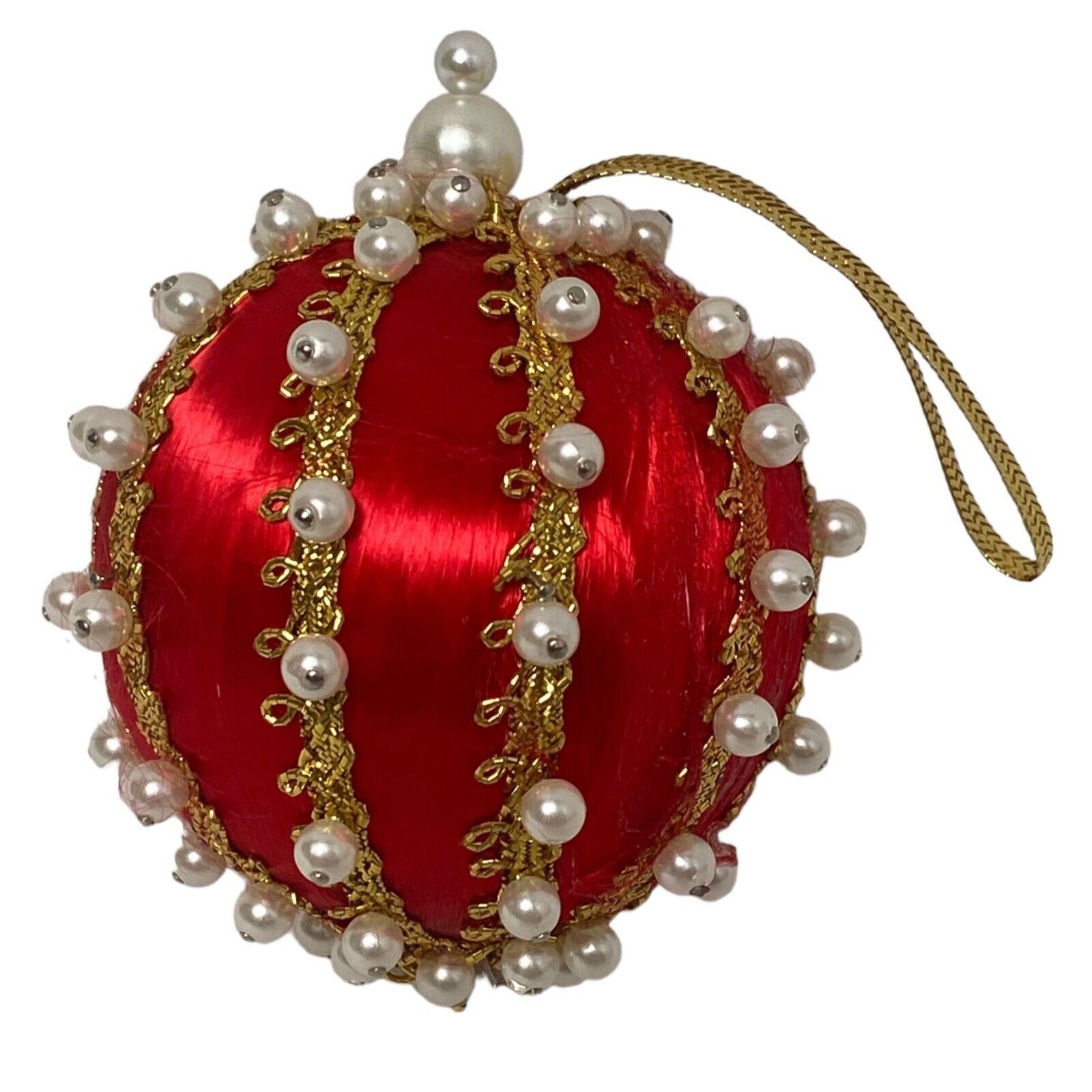 Vintage Satin Christmas Ornament  Red Ornate Beaded 2.5\