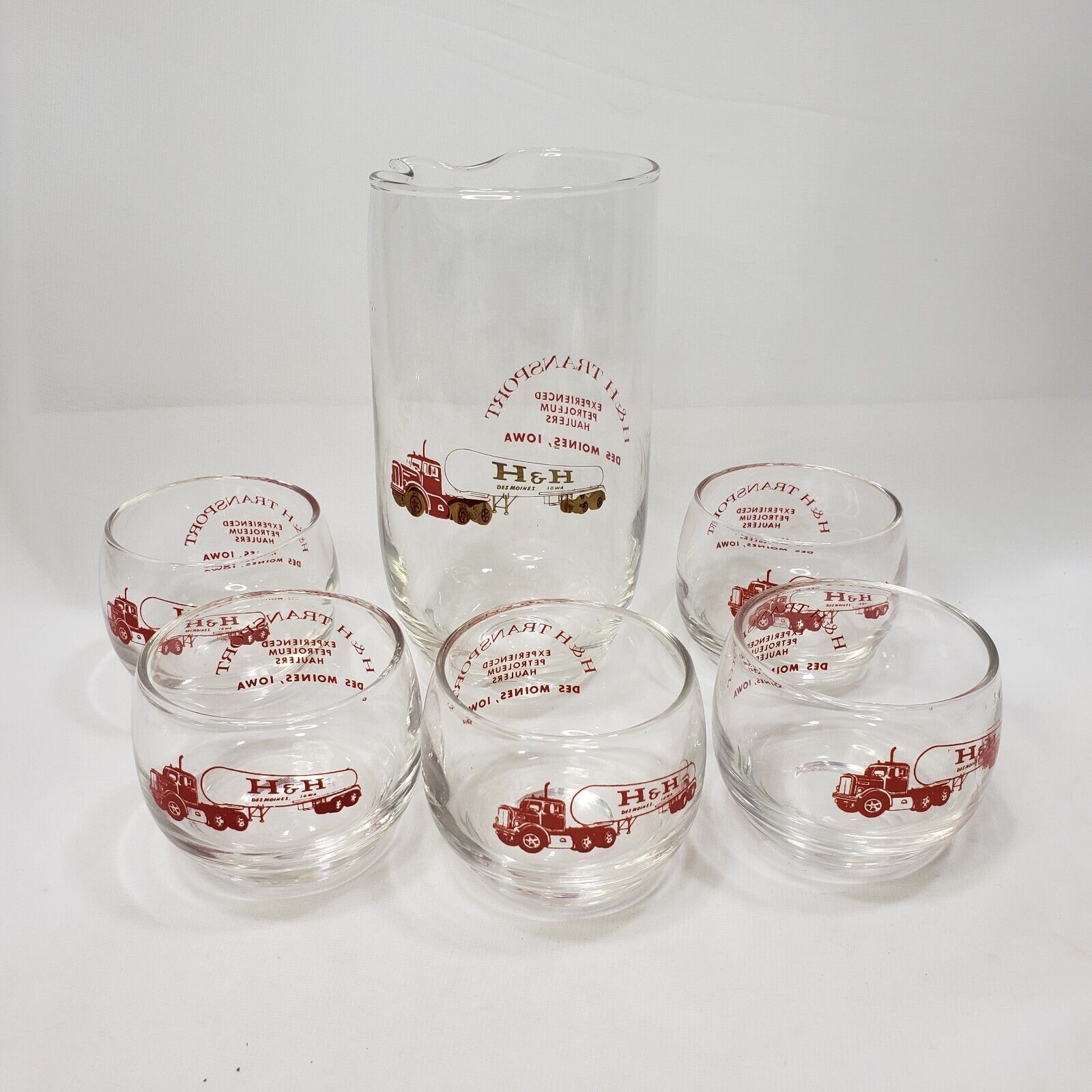Vintage H&H Transport Decanter and Whiskey Glasses Set Truck Advertising 6 pc