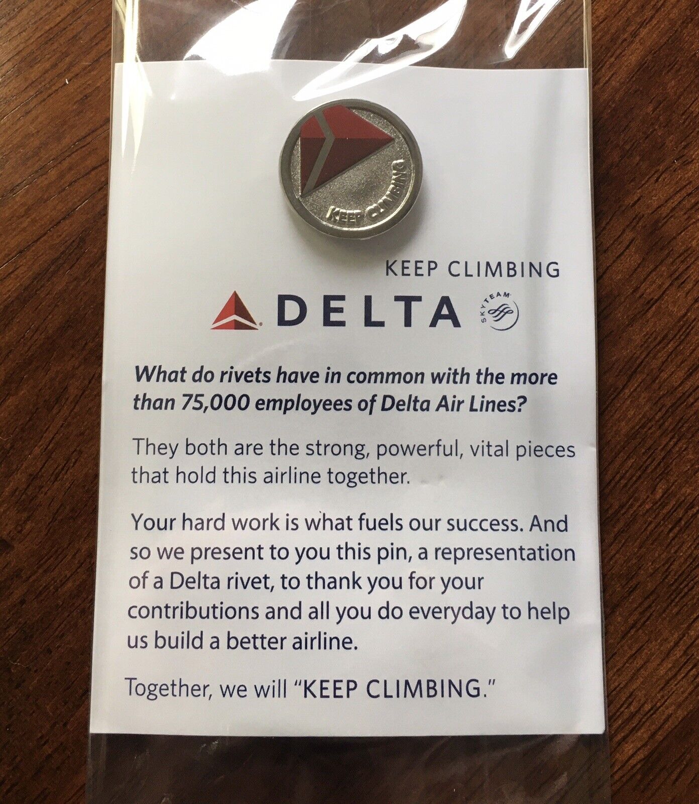 Vintage Delta Air Lines “Keep Climbing” Widget Logo Lapel Pin With Card
