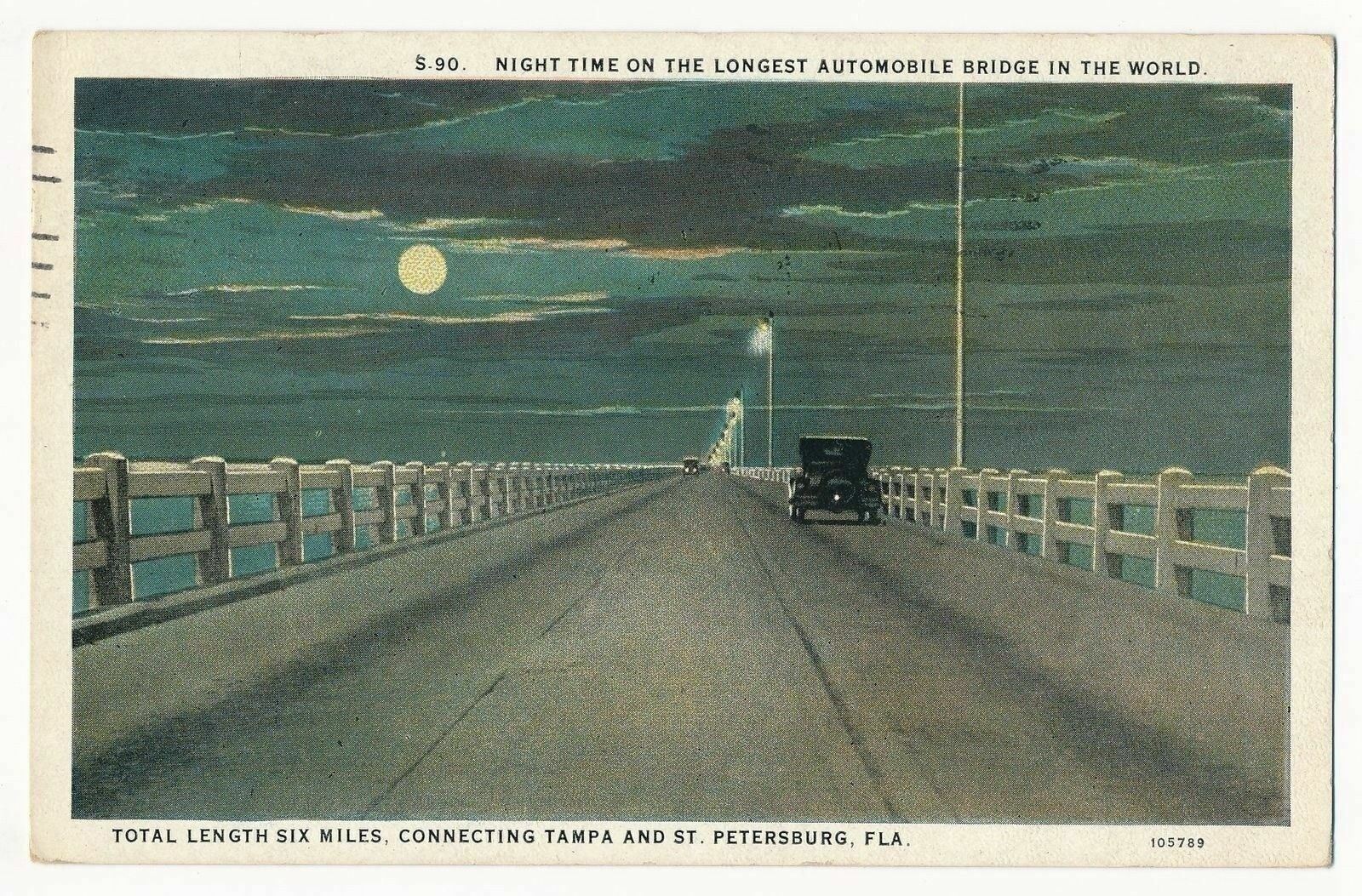 Night Time on the Longest Automobile Bridge, Tampa, St. Petersburg, Florida 1926