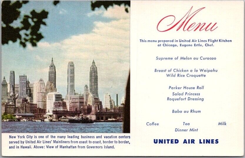 c1950s UNITED AIRLINES Menu Postcard NEW YORK CITY / Manhattan Skyline / Unused