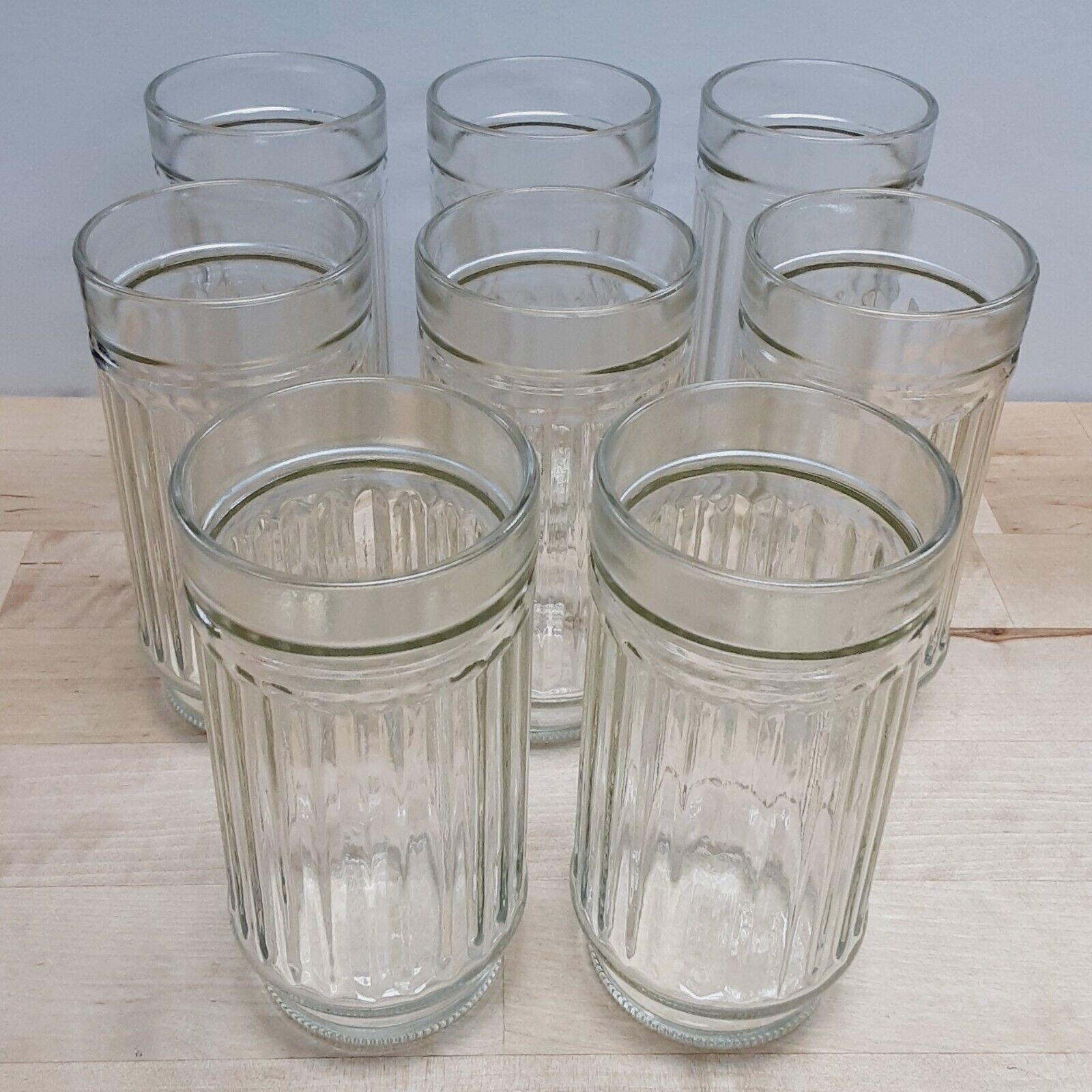 Set of 8 — Discontinued Anchor Hocking Line Lites — 14 oz Clear Ribbed Glasses