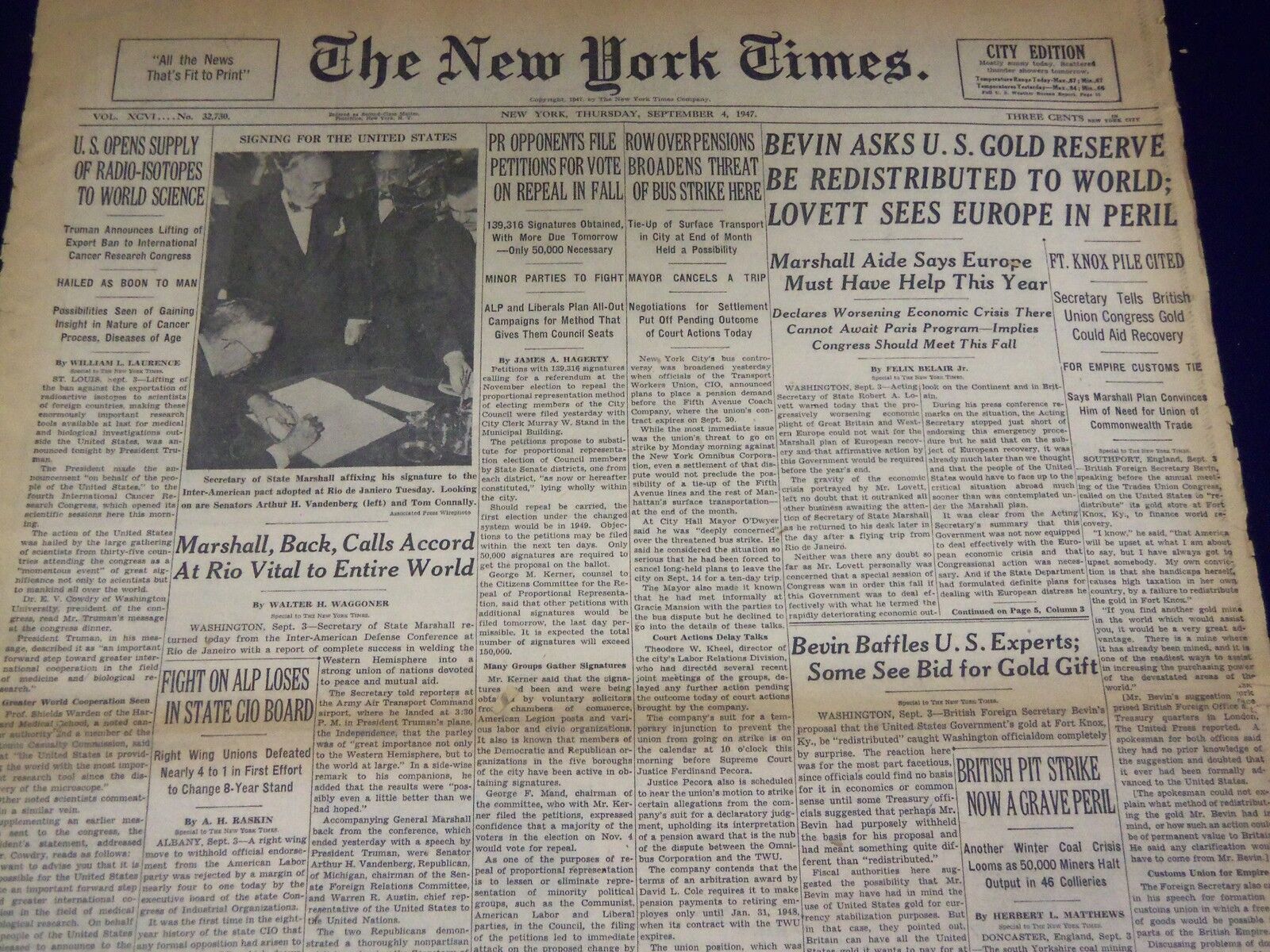 1947 SEPTEMBER 4 NEW YORK TIMES - BEVIN ASKS U. S. GOLD RESERVE - NT 3312