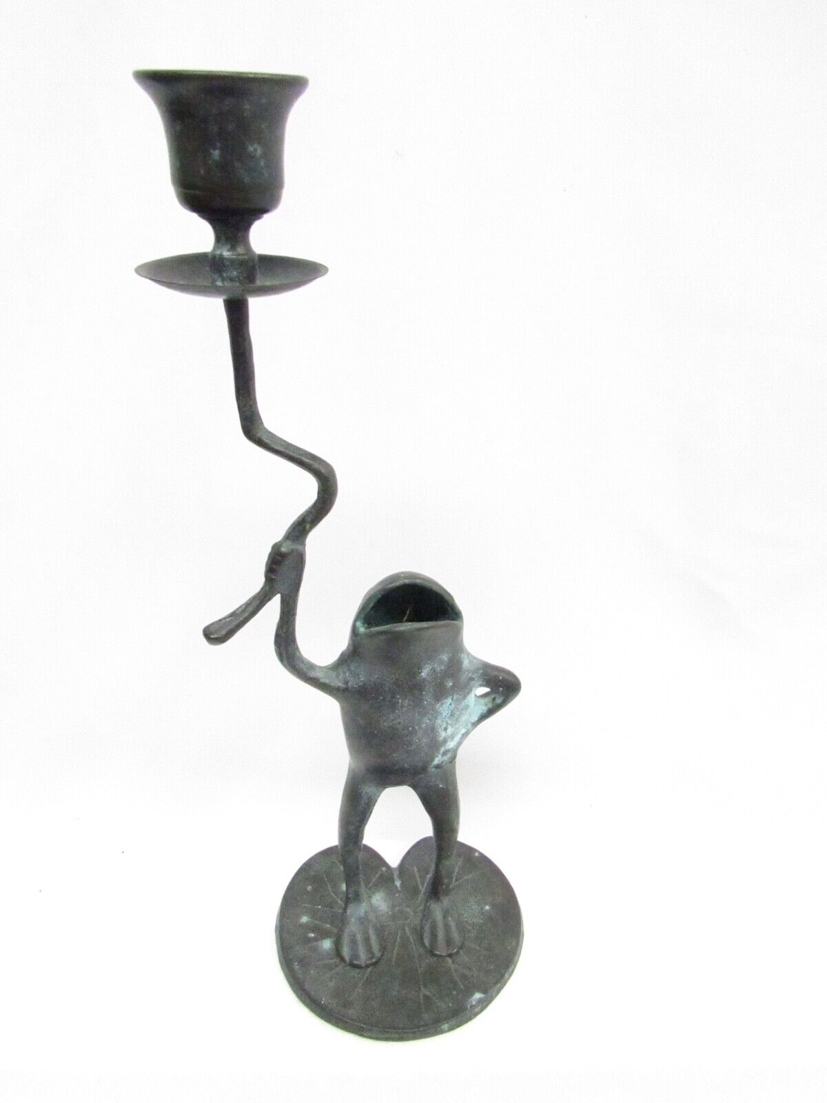 Vintage Whimsical Metal Frog Lily Pad Candlestick Holder Verdi Gris Finish SPI