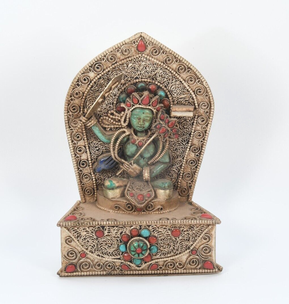 Exquisite Silver Crafted Handmade Goddess Manjushree Antique Statue Sacred Craft