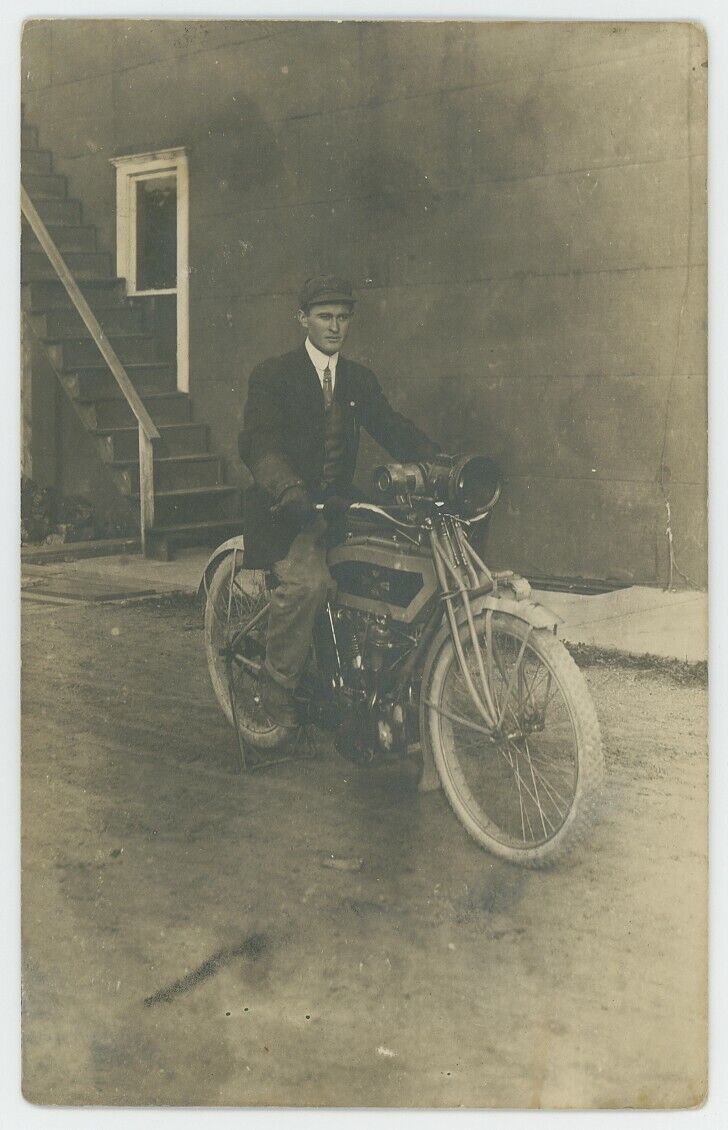 1913 Excelsior Motorcycle Real Photo Postcard RPPC Original Vintage Early Biker