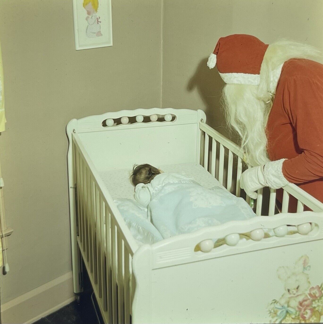 c1950s Creepy Santa Clause~Hovering Baby Crib~Christmas Eve~120mm VTG Film Slide