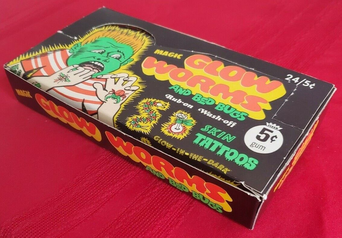 VINTAGE 1968 MAGIC GLOW WORMS (24) 5 CENT PACKS & BOX IN EXCELLENT CONDITION