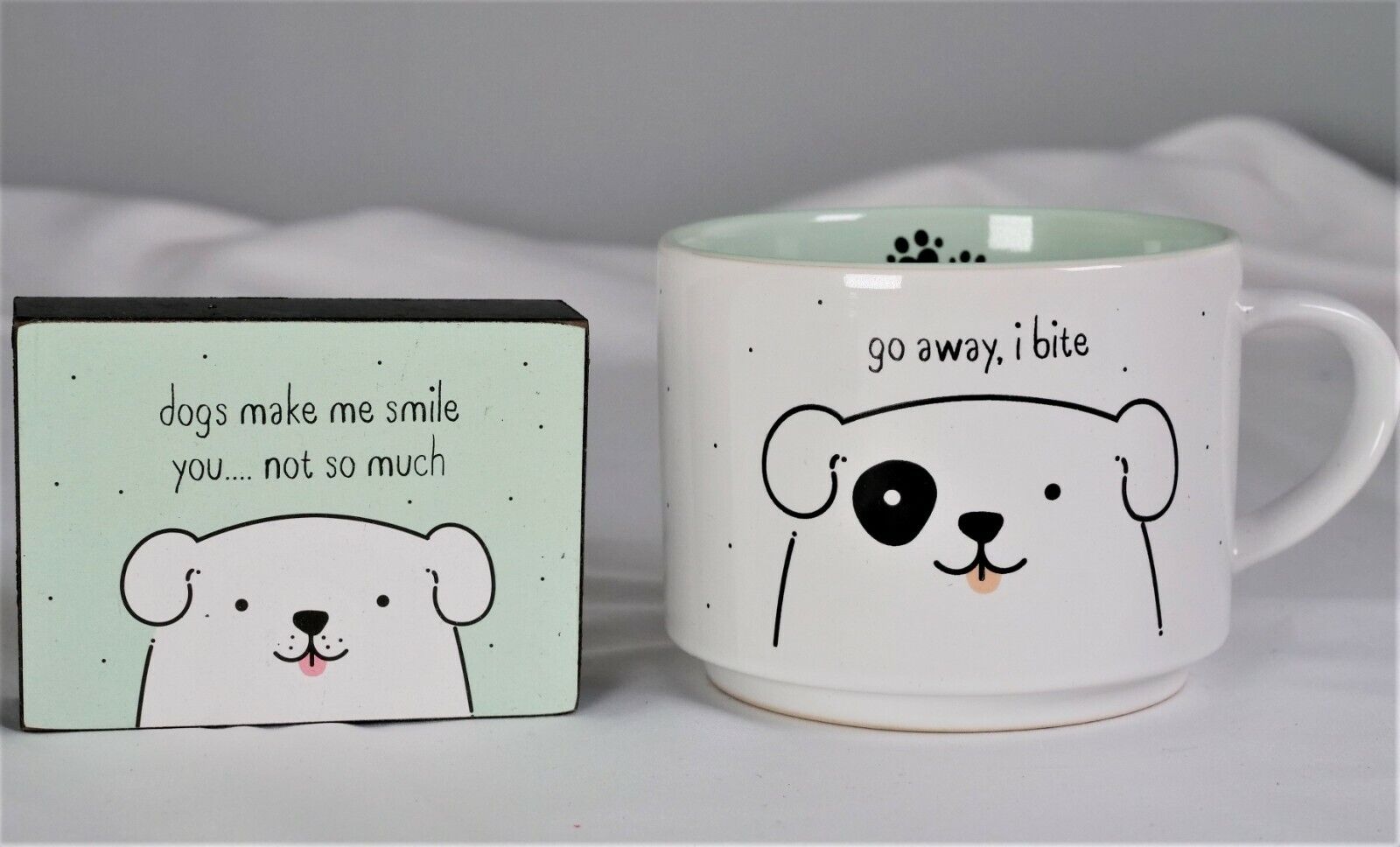 Dogs Make Me Smile Go Away I Bite Coffee Mug Tea Chocolate Cup + Sentiment Block