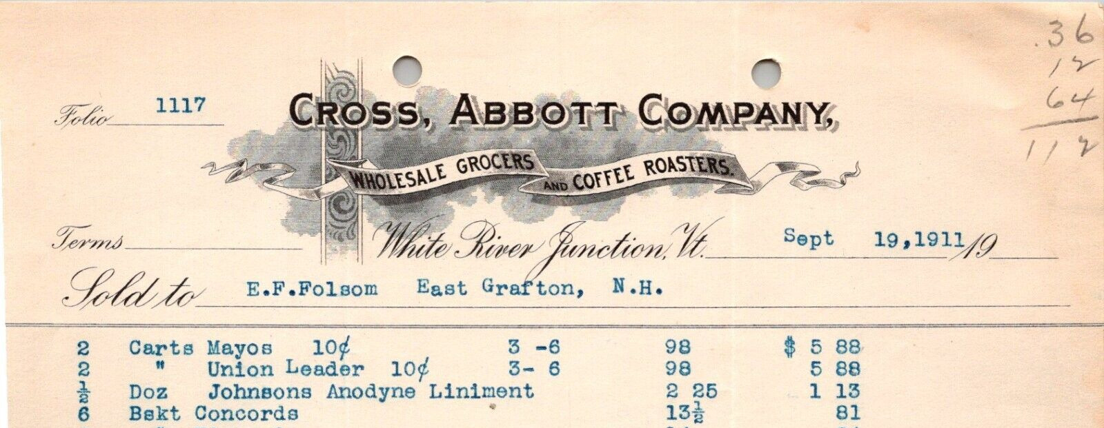 1911 CROSS ABBOTT COMPANY GROCER COFFEE ROASTERS WHITE RIVER JUNCTION VT z41