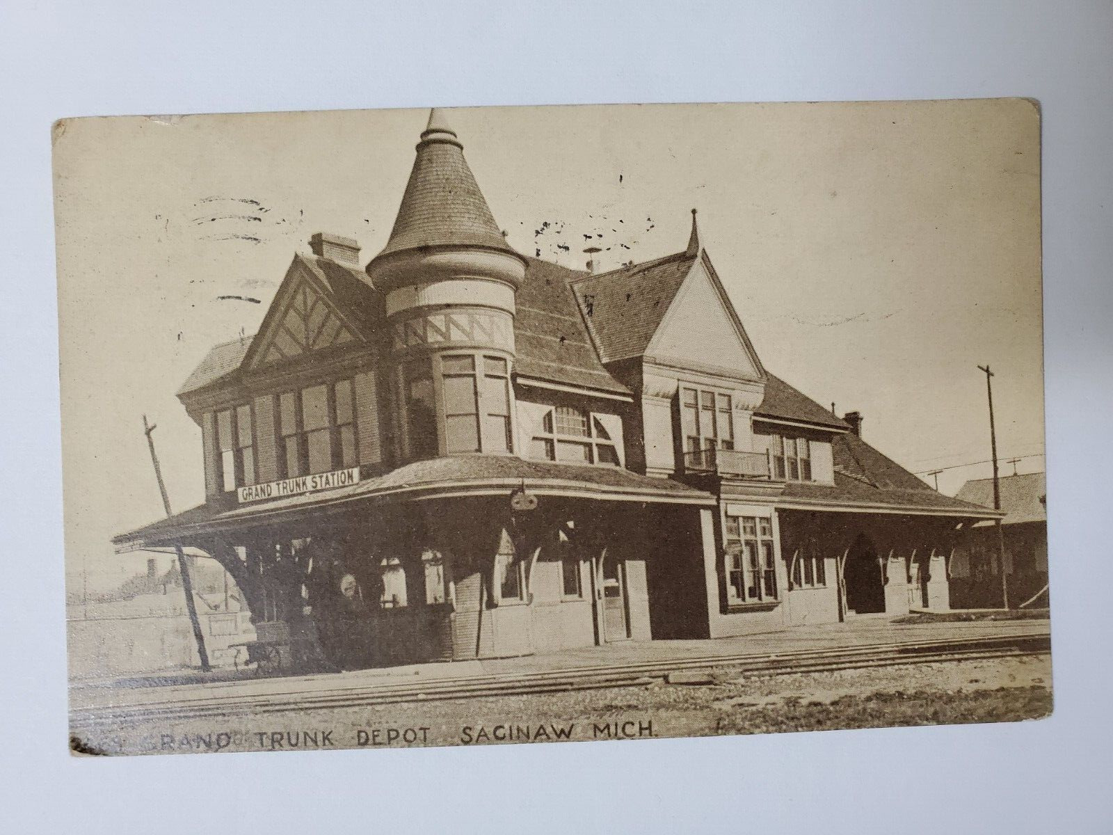 Saginaw MI Postcard Grand Trunk Depot 1912 Posted Train Station Michigan Card